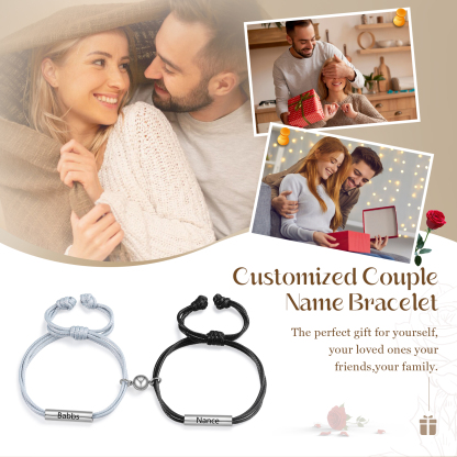 Personalisierte 2 Namen Magnetisches Partner Armband Armbänder Set aus Edelstahl und PU Leder Geschenk für Paare