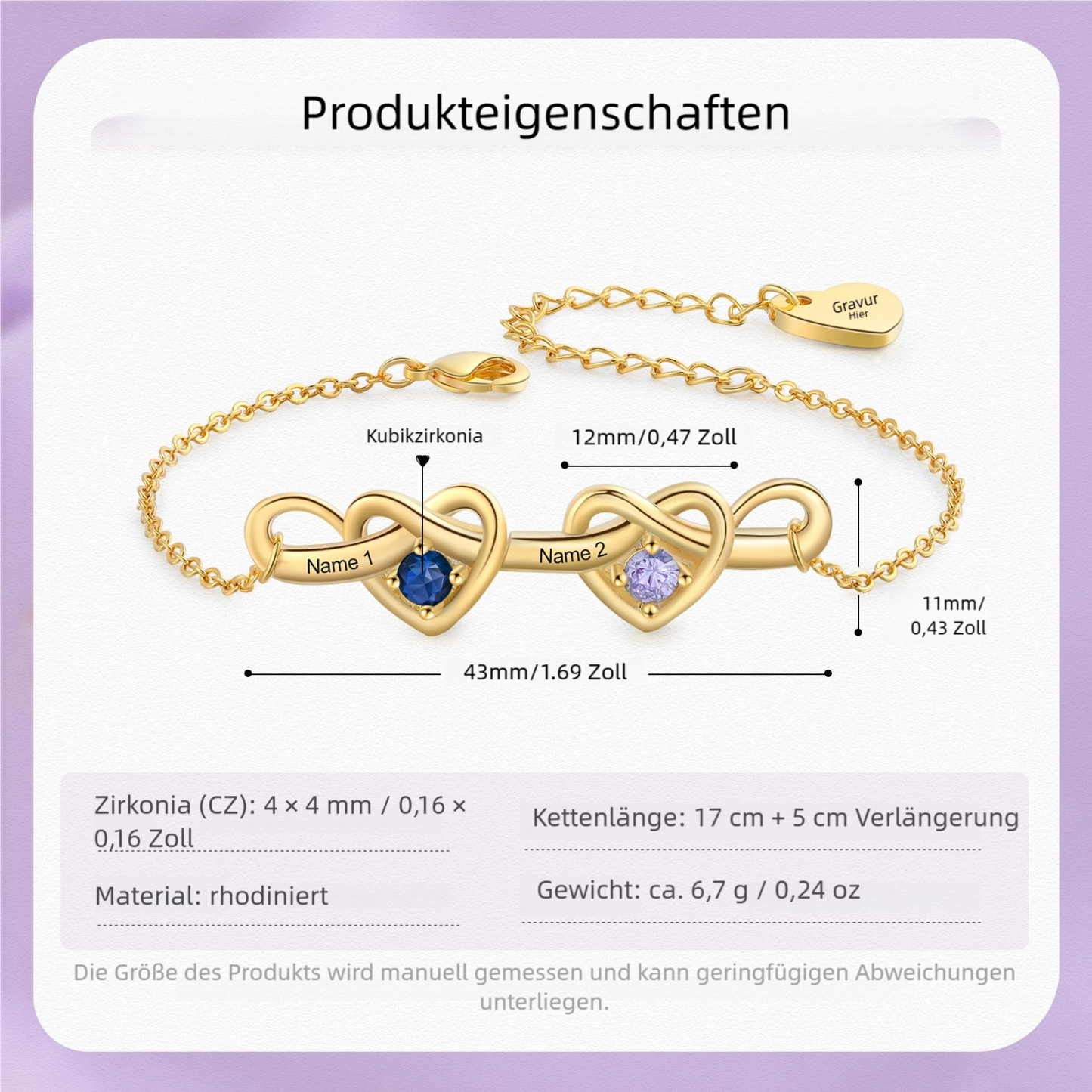 Personalisierbares Herz-Armband mit 2–6 Namen und Geburtssteinen