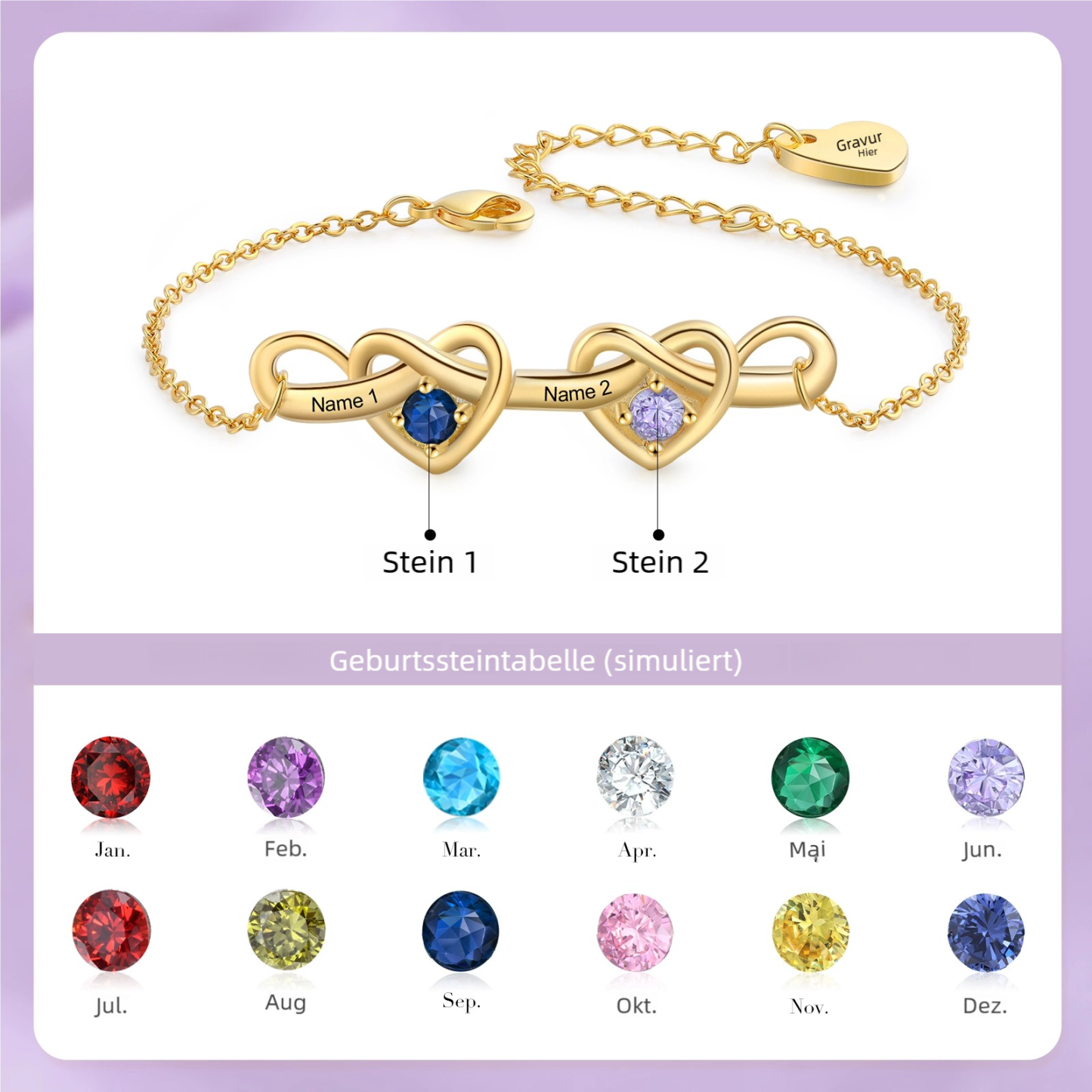 Personalisierbares Herz-Armband mit 2–6 Namen und Geburtssteinen
