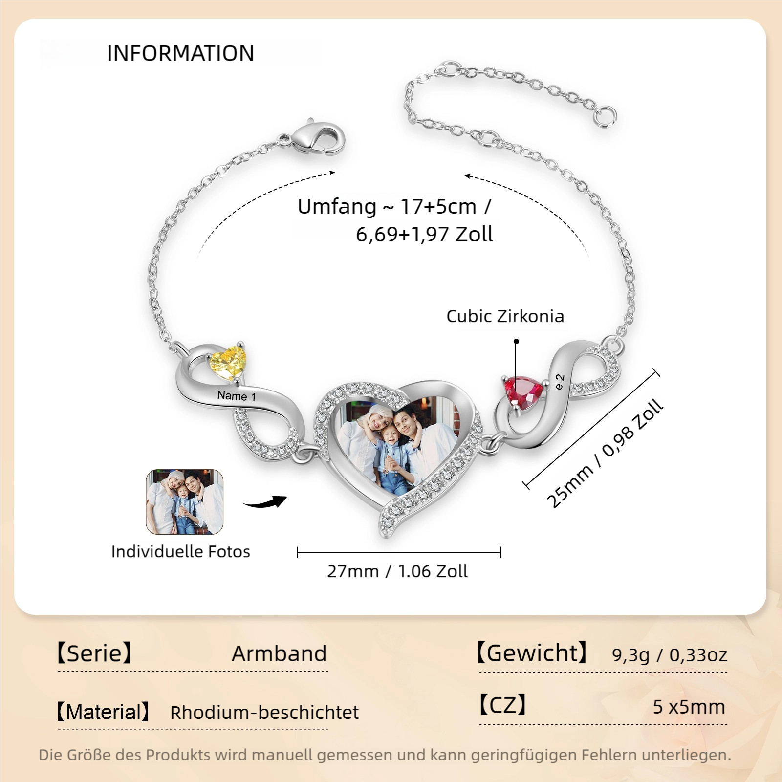 Infinity Personalisiertes Armband mit 1 Herz-Foto und 2 Namen & Geburtssteinen