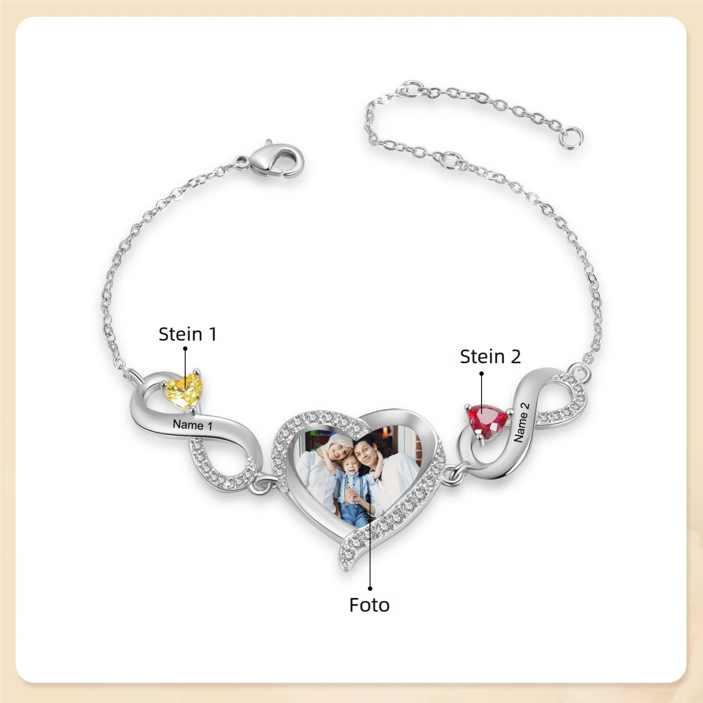 Infinity Personalisiertes Armband mit 1 Herz-Foto und 2 Namen & Geburtssteinen