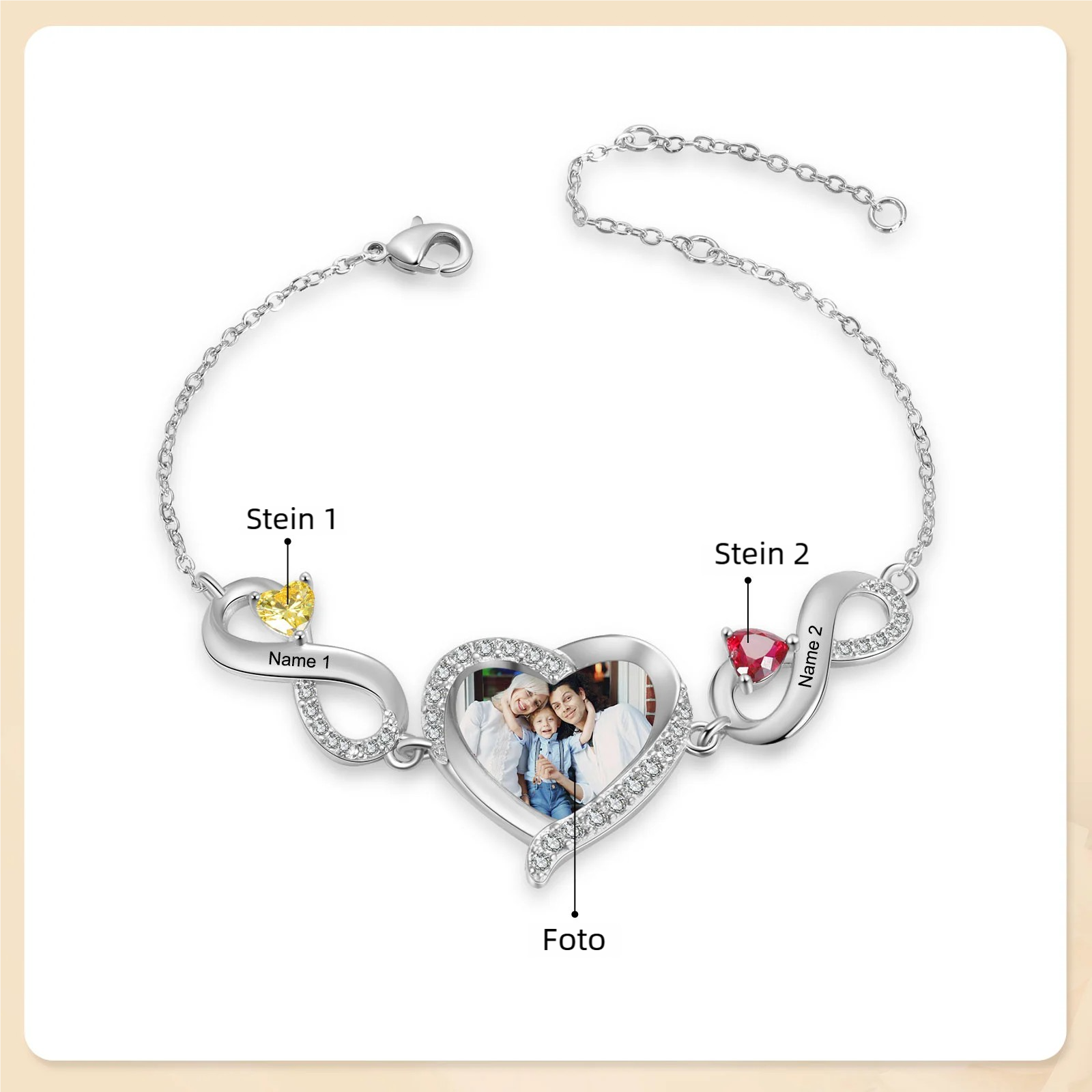 Infinity Personalisiertes Armband mit 1 Herz-Foto und 2 Namen & Geburtssteinen