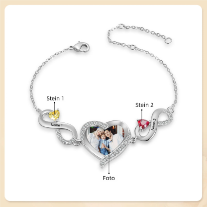 Infinity Personalisiertes Armband mit 1 Herz-Foto und 2 Namen & Geburtssteinen