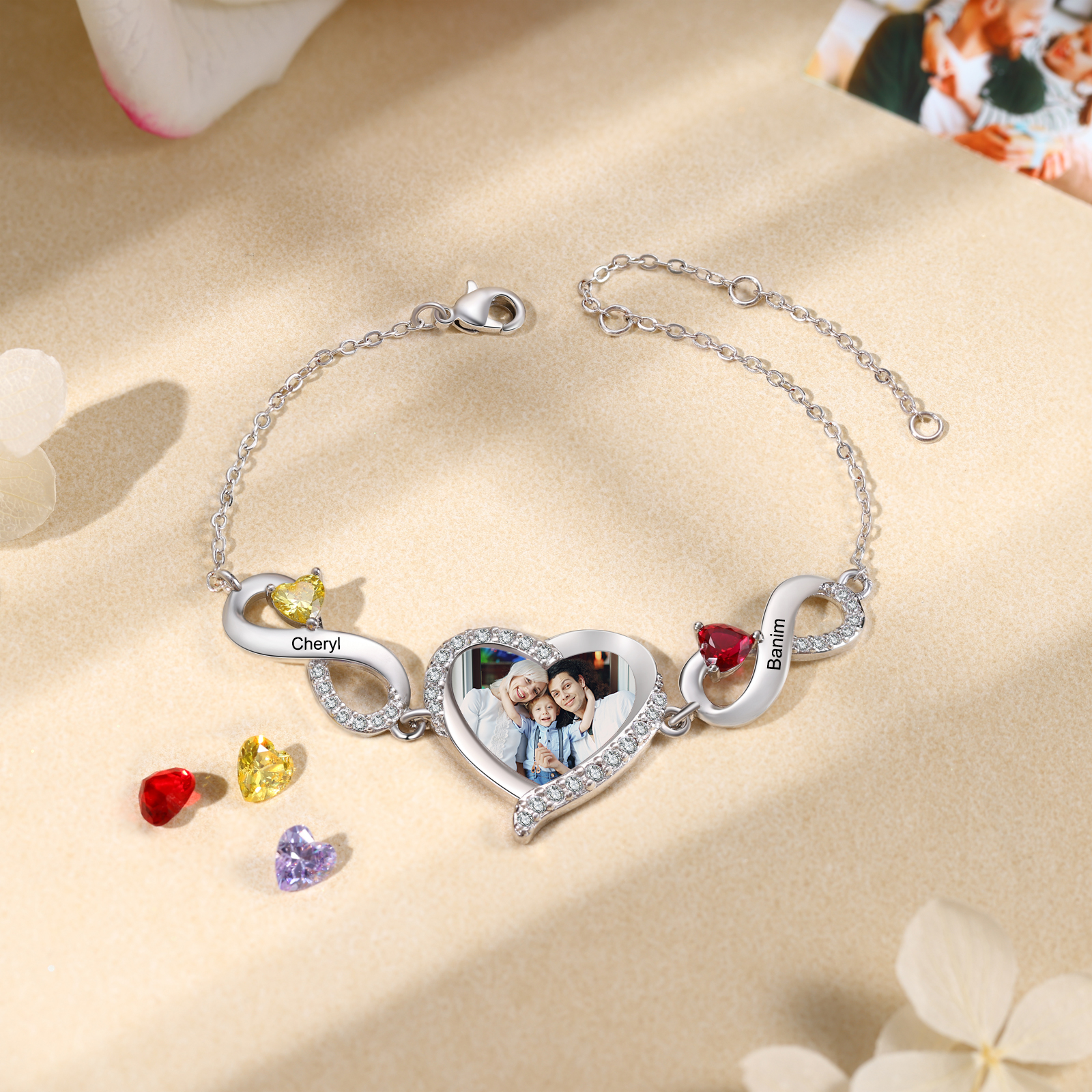 Infinity Personalisiertes Armband mit 1 Herz-Foto und 1 Geburtsstein