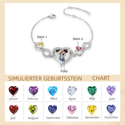 Infinity Personalisiertes Armband mit 1 Herz-Foto und 2 Namen & Geburtssteinen