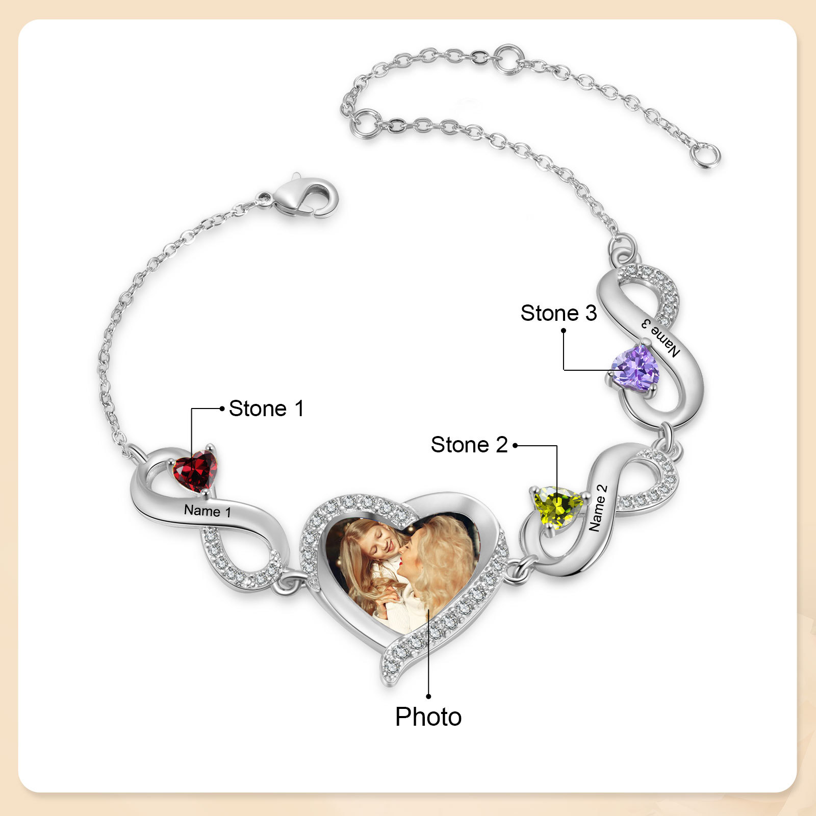 Infinity Personalisiertes Armband mit 1 Herz-Foto und 3 Namen & Geburtssteinen