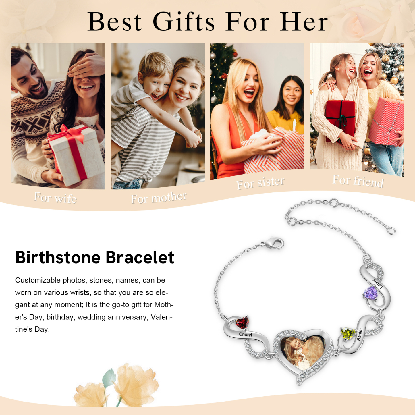 Infinity Personalisiertes Armband mit 1 Herz-Foto und 3 Namen & Geburtssteinen