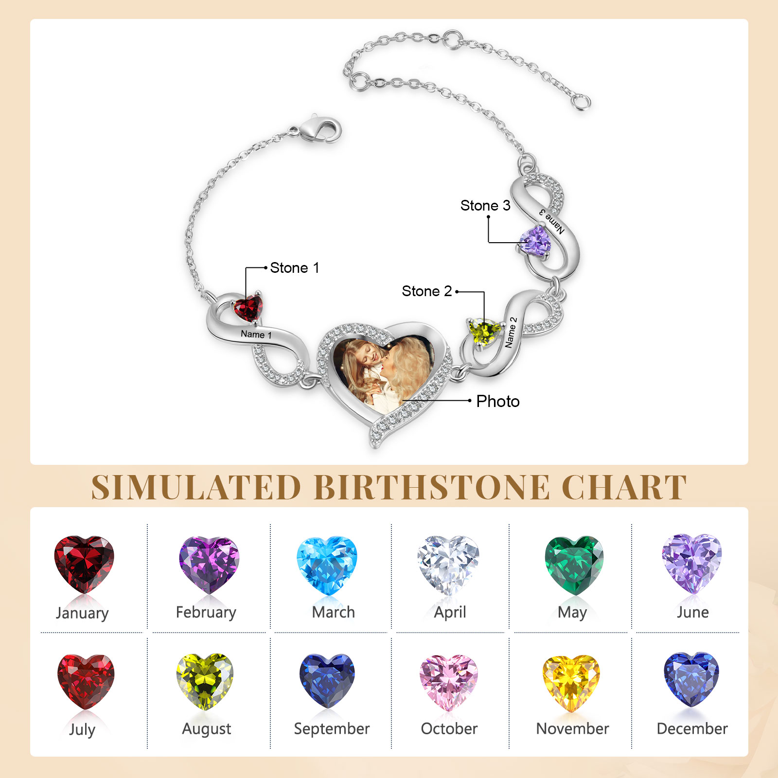 Infinity Personalisiertes Armband mit 1 Herz-Foto und 3 Namen & Geburtssteinen