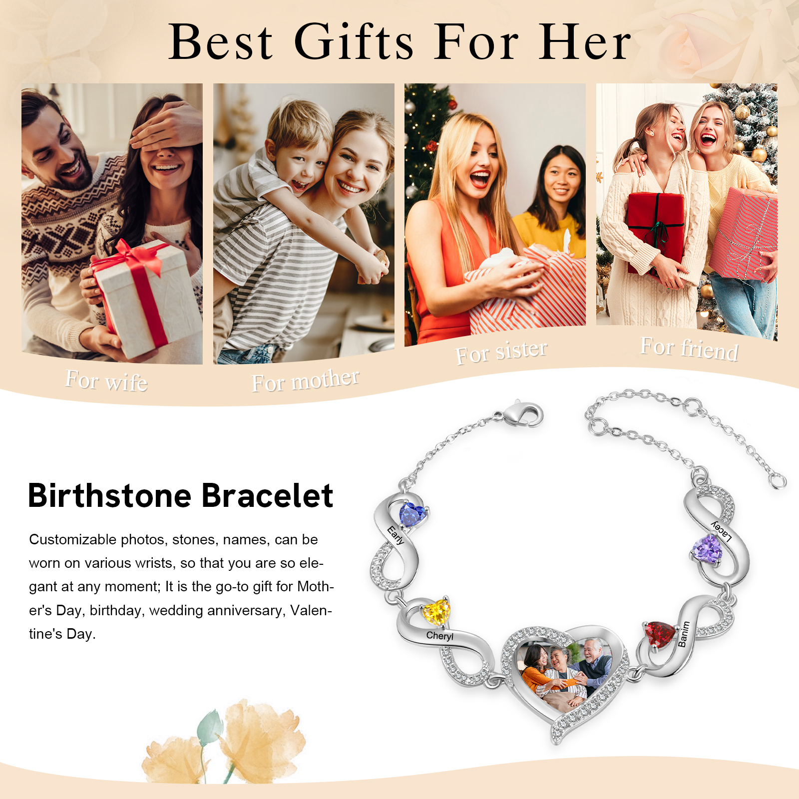 Infinity Personalisiertes Armband mit 1 Herz-Foto und 4 Namen & Geburtssteinen