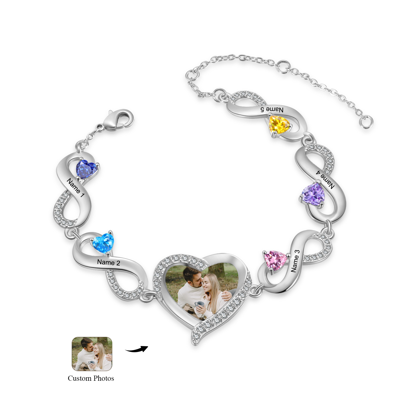 Infinity Personalisiertes Armband mit 1 Herz-Foto und 5 Namen & Geburtssteinen