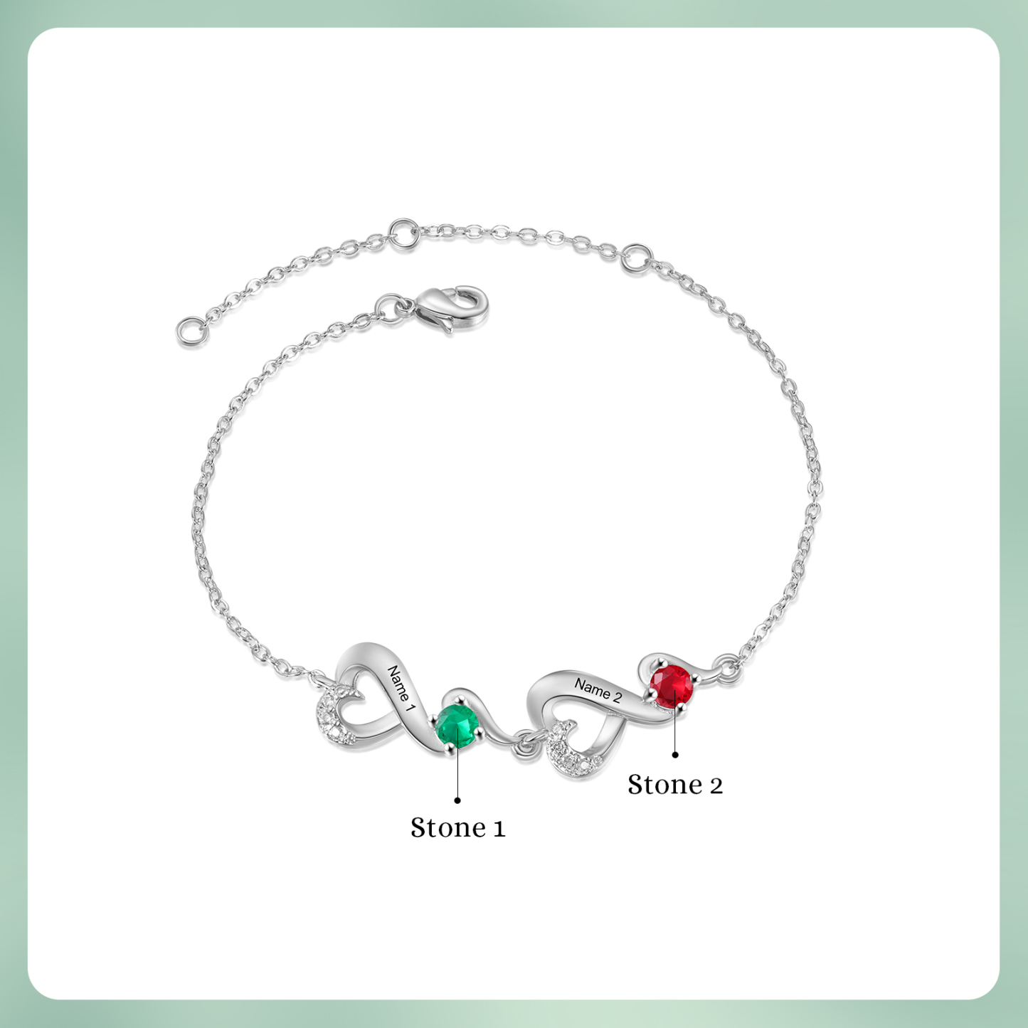 Personalisierte 2 Namen Infinity Armband mit 2 Geburtssteinen