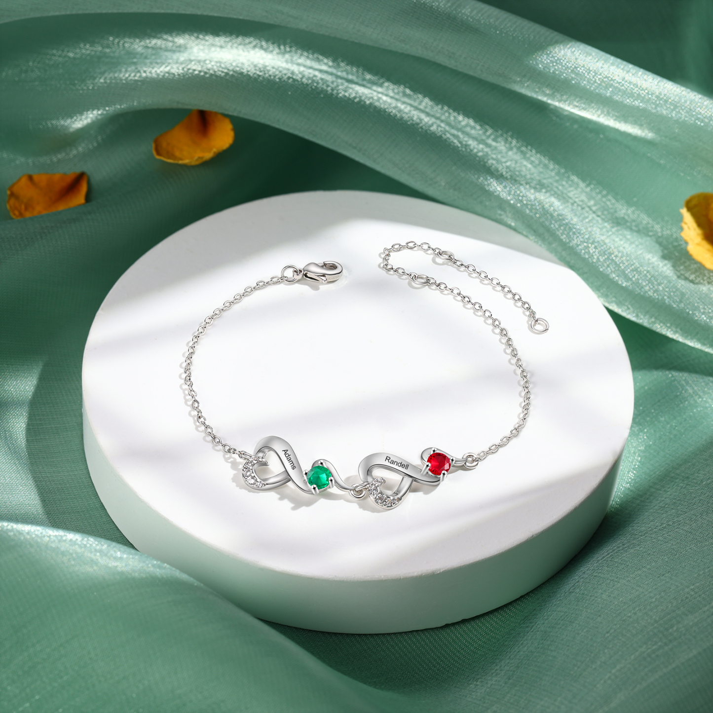 Personalisierte 2 Namen Infinity Armband mit 2 Geburtssteinen