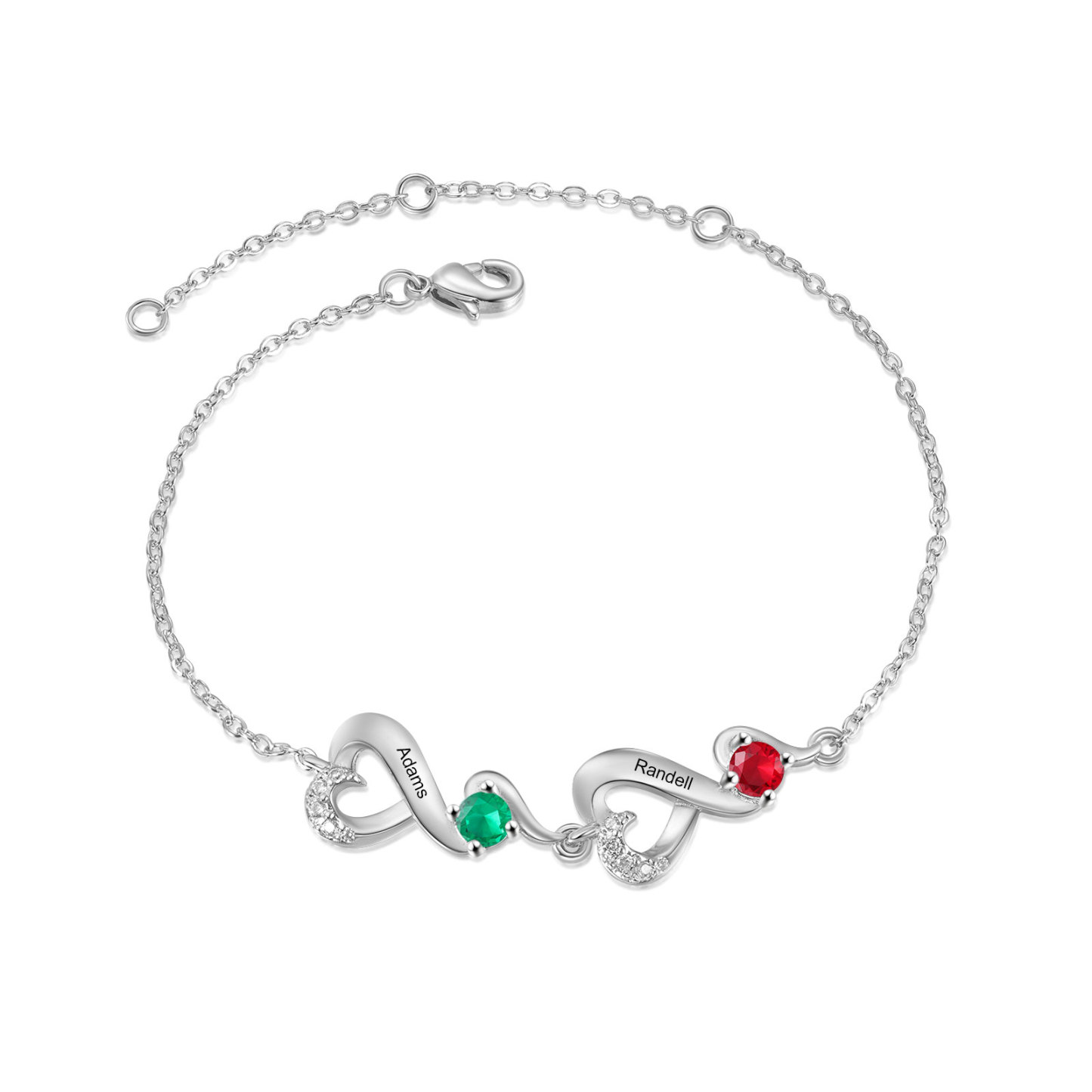 Personalisierte 2 Namen Infinity Armband mit 2 Geburtssteinen