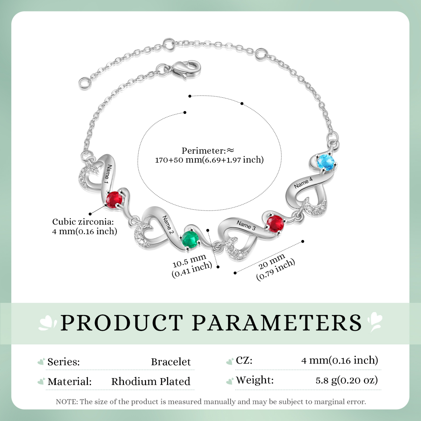 Personalisierte 4 Namen Infinity Armband mit 4 Geburtssteinen