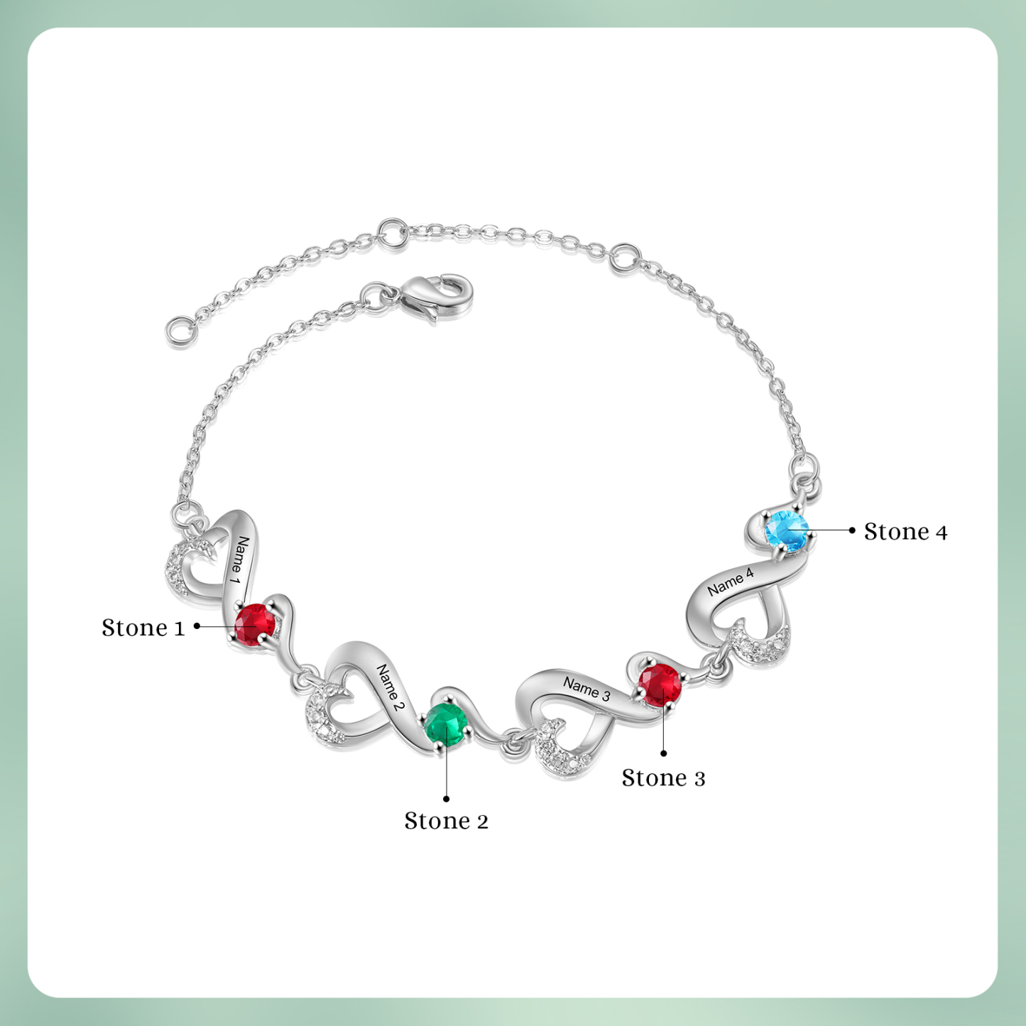 Personalisierte 4 Namen Infinity Armband mit 4 Geburtssteinen