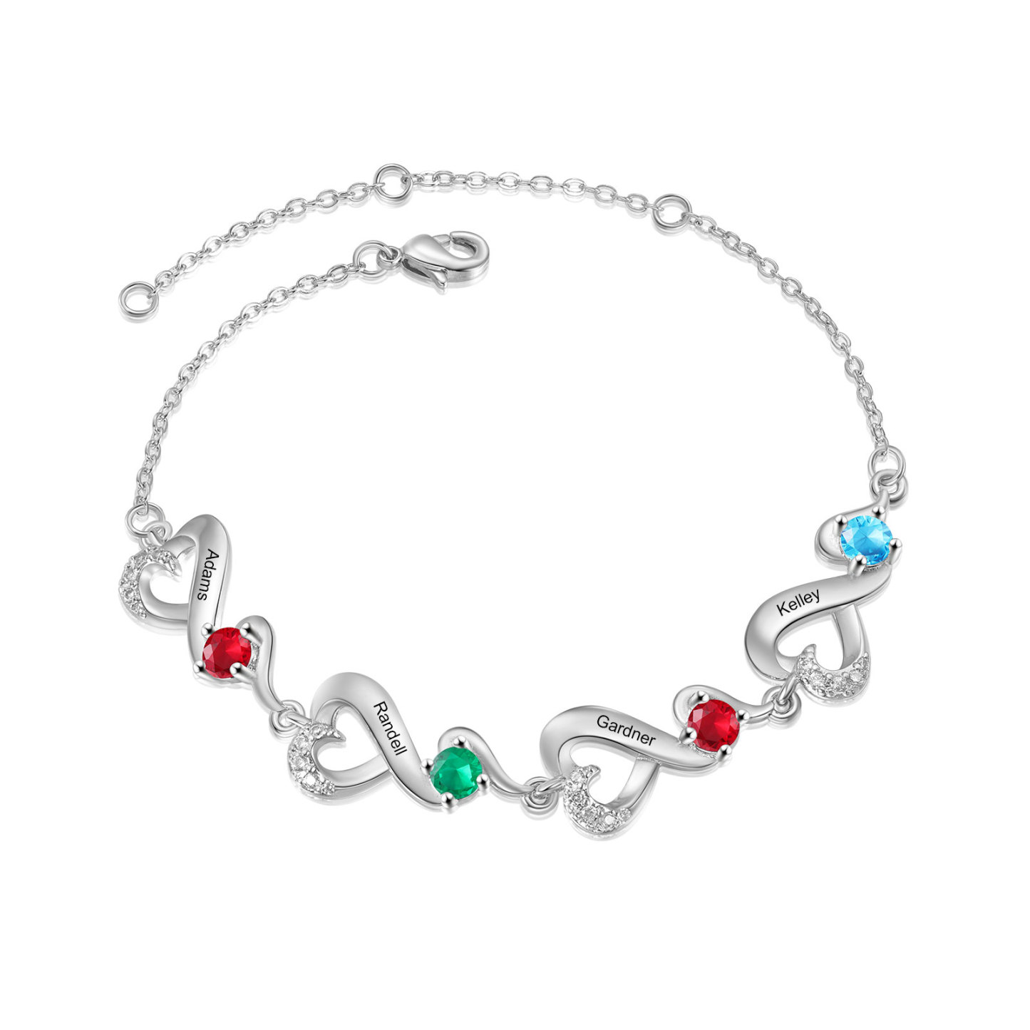 Personalisierte 4 Namen Infinity Armband mit 4 Geburtssteinen
