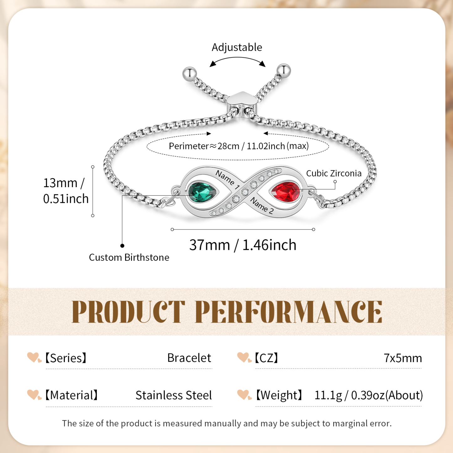 Personalisierte 2 Namen & 2 Geburtssteine Infinity Handseil Armband