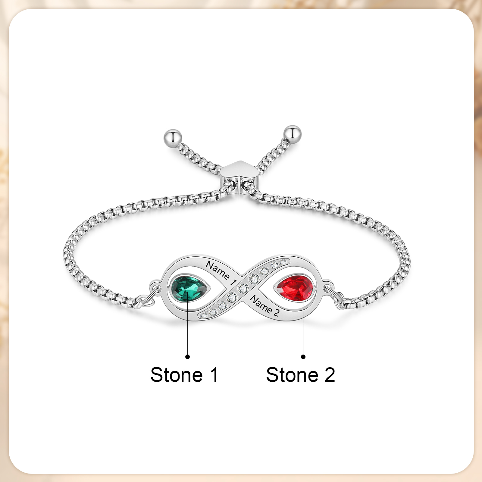 Personalisierte 2 Namen & 2 Geburtssteine Infinity Handseil Armband