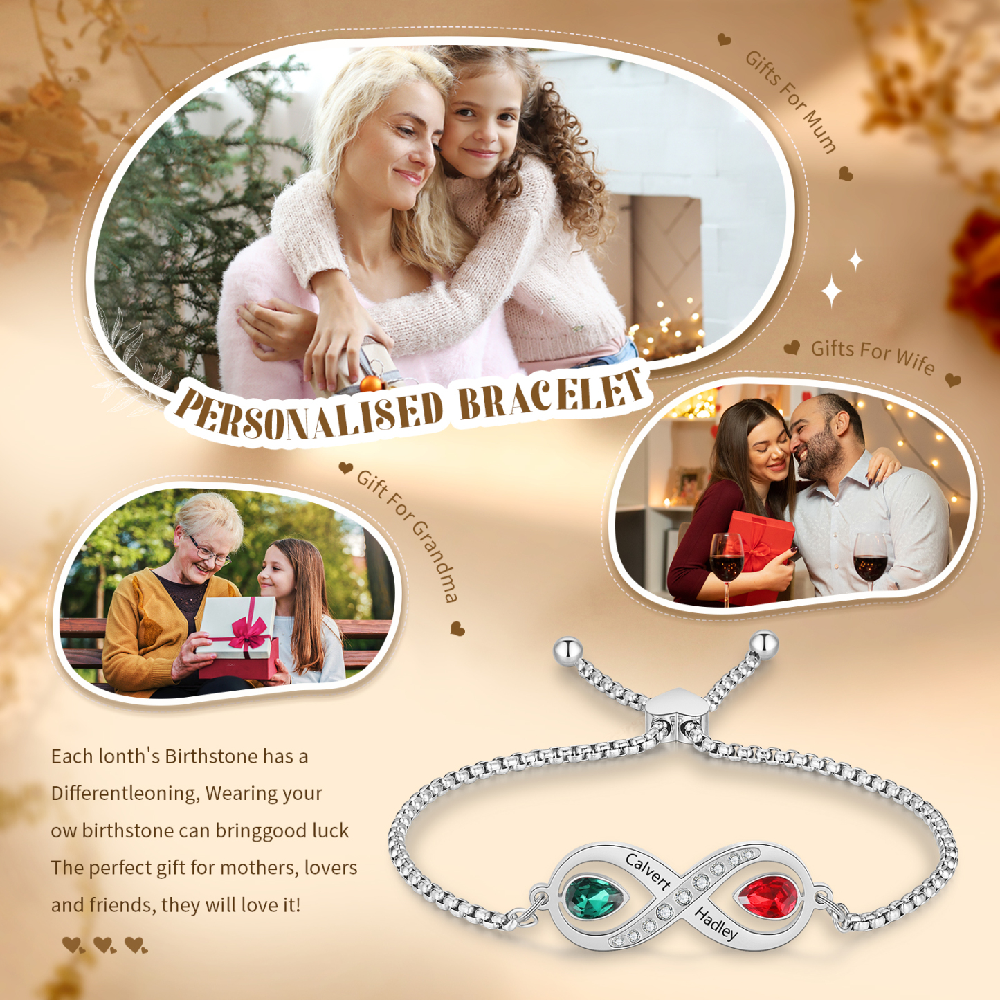 Personalisierte 2 Namen & 2 Geburtssteine Infinity Handseil Armband