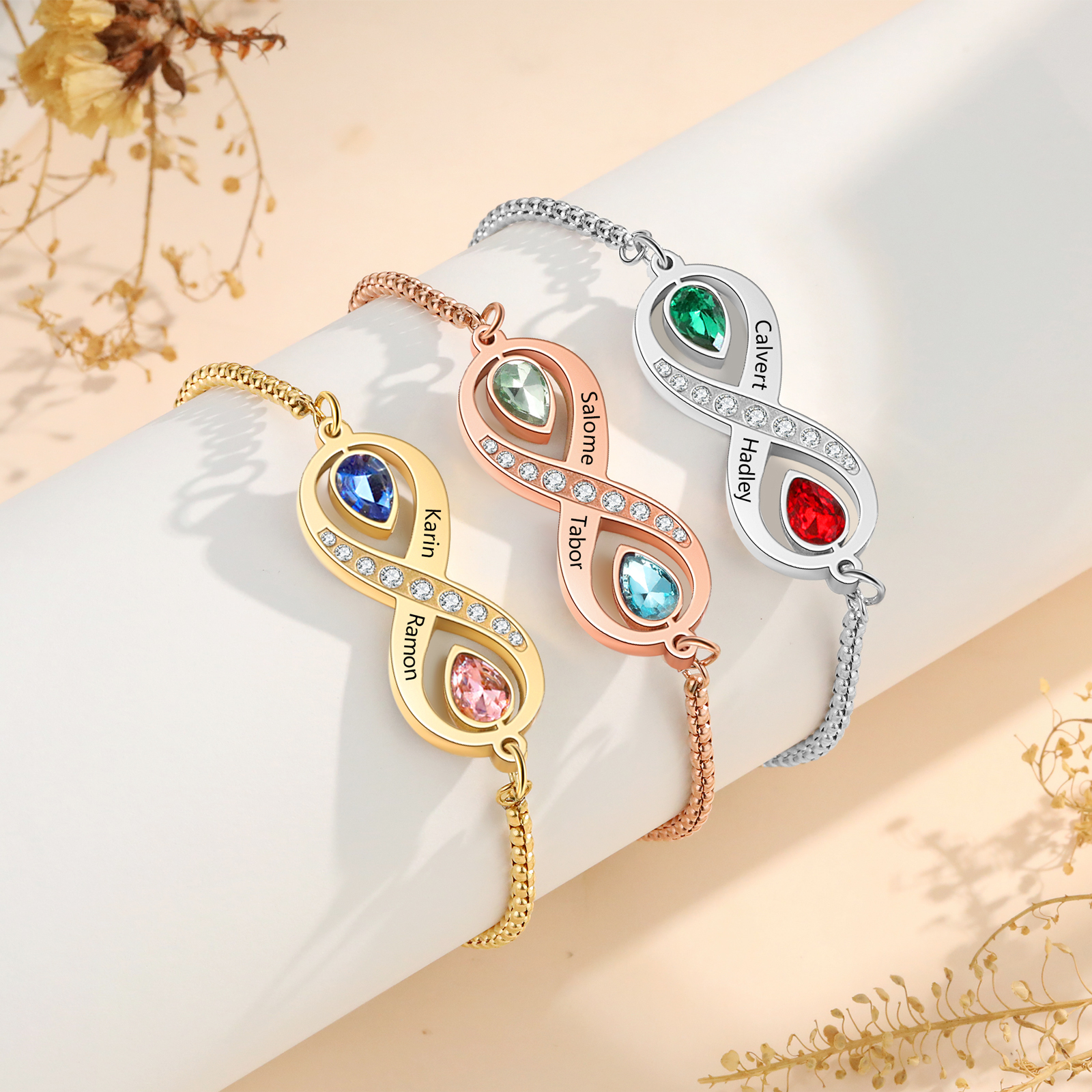 Personalisierte 2 Namen & 2 Geburtssteine Infinity Handseil Armband