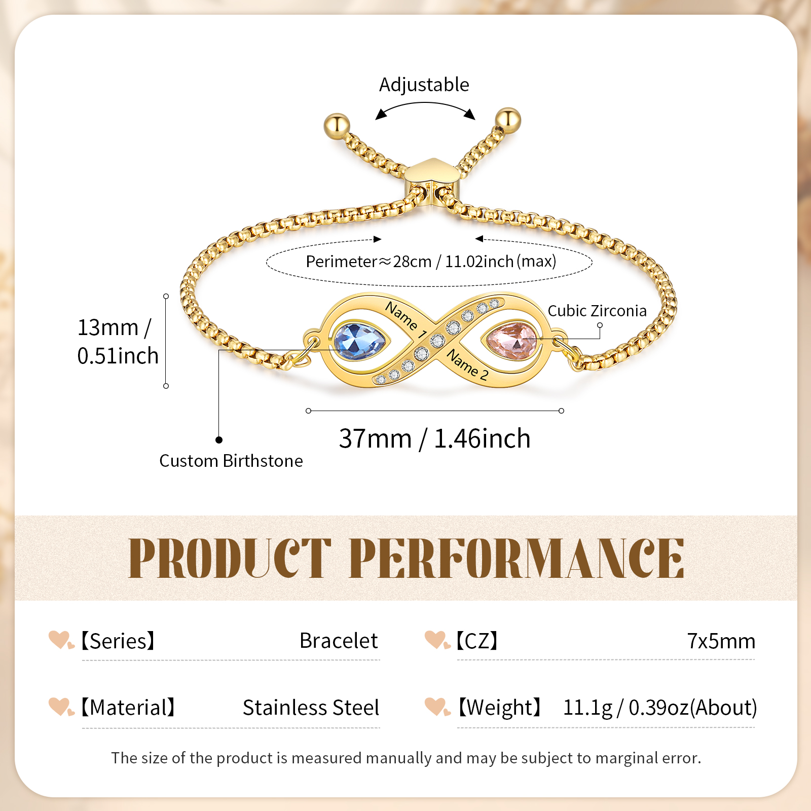 Personalisierte 2 Namen & 2 Geburtssteine Infinity Handseil Armband