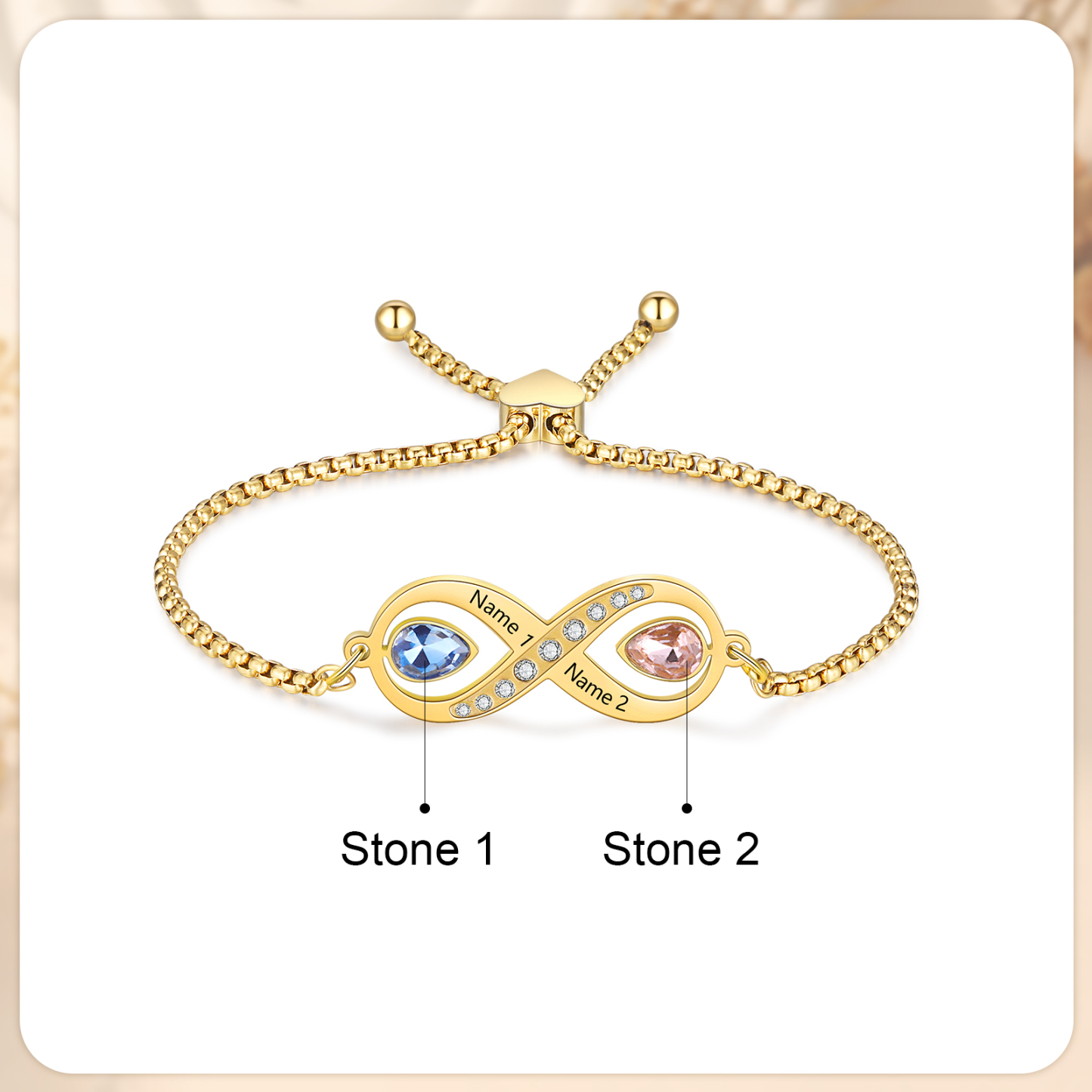 Personalisierte 2 Namen & 2 Geburtssteine Infinity Handseil Armband
