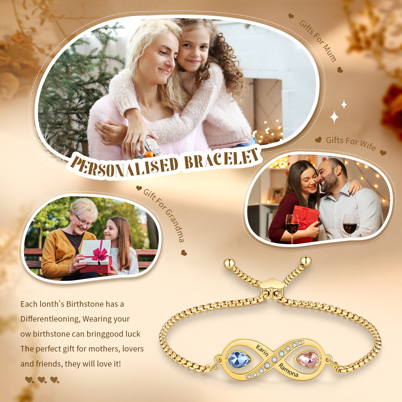 Personalisierte 2 Namen & 2 Geburtssteine Infinity Handseil Armband