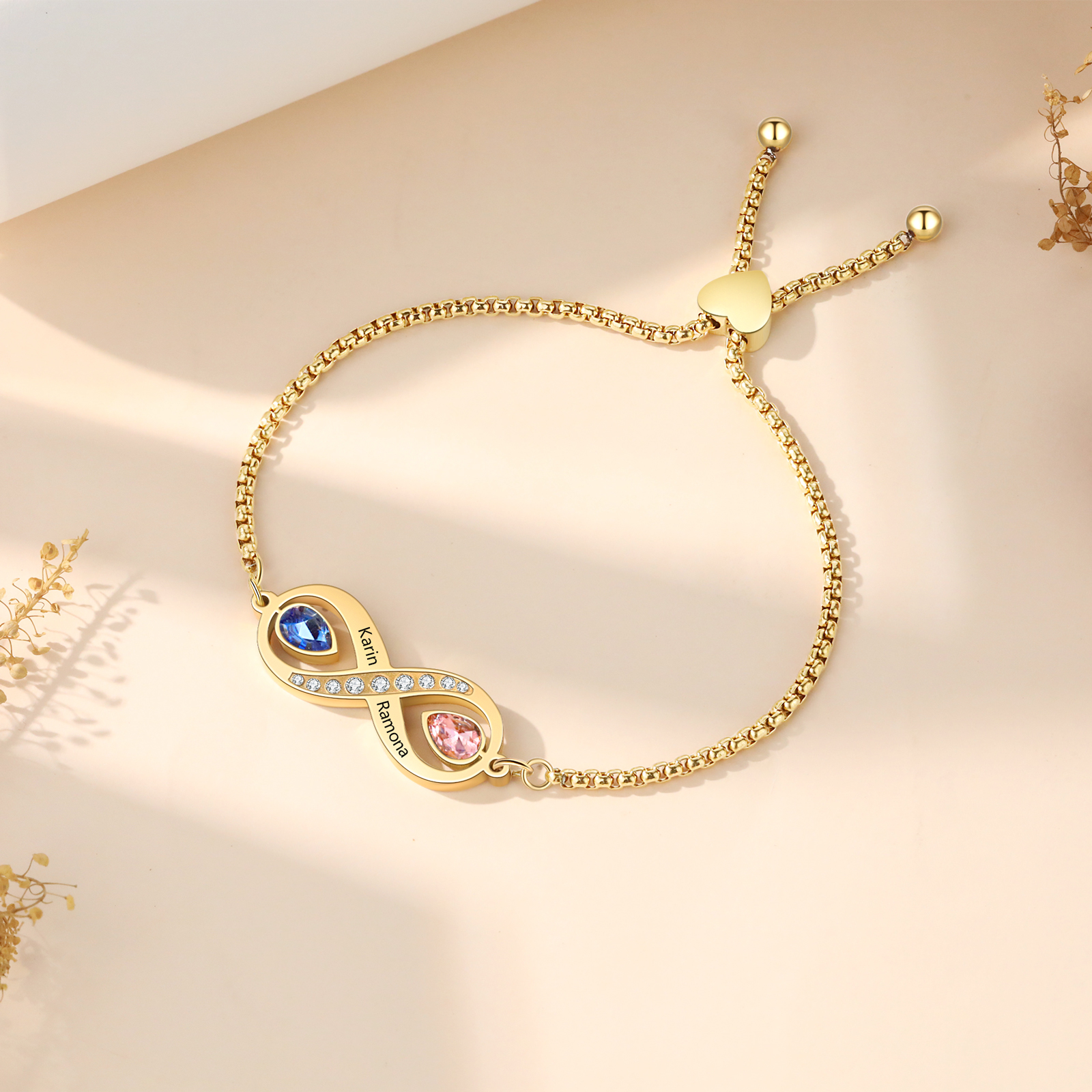 Personalisierte 2 Namen & 2 Geburtssteine Infinity Handseil Armband