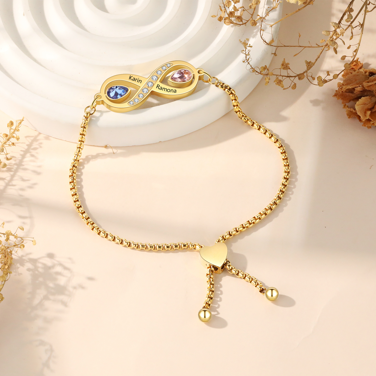 Personalisierte 2 Namen & 2 Geburtssteine Infinity Handseil Armband