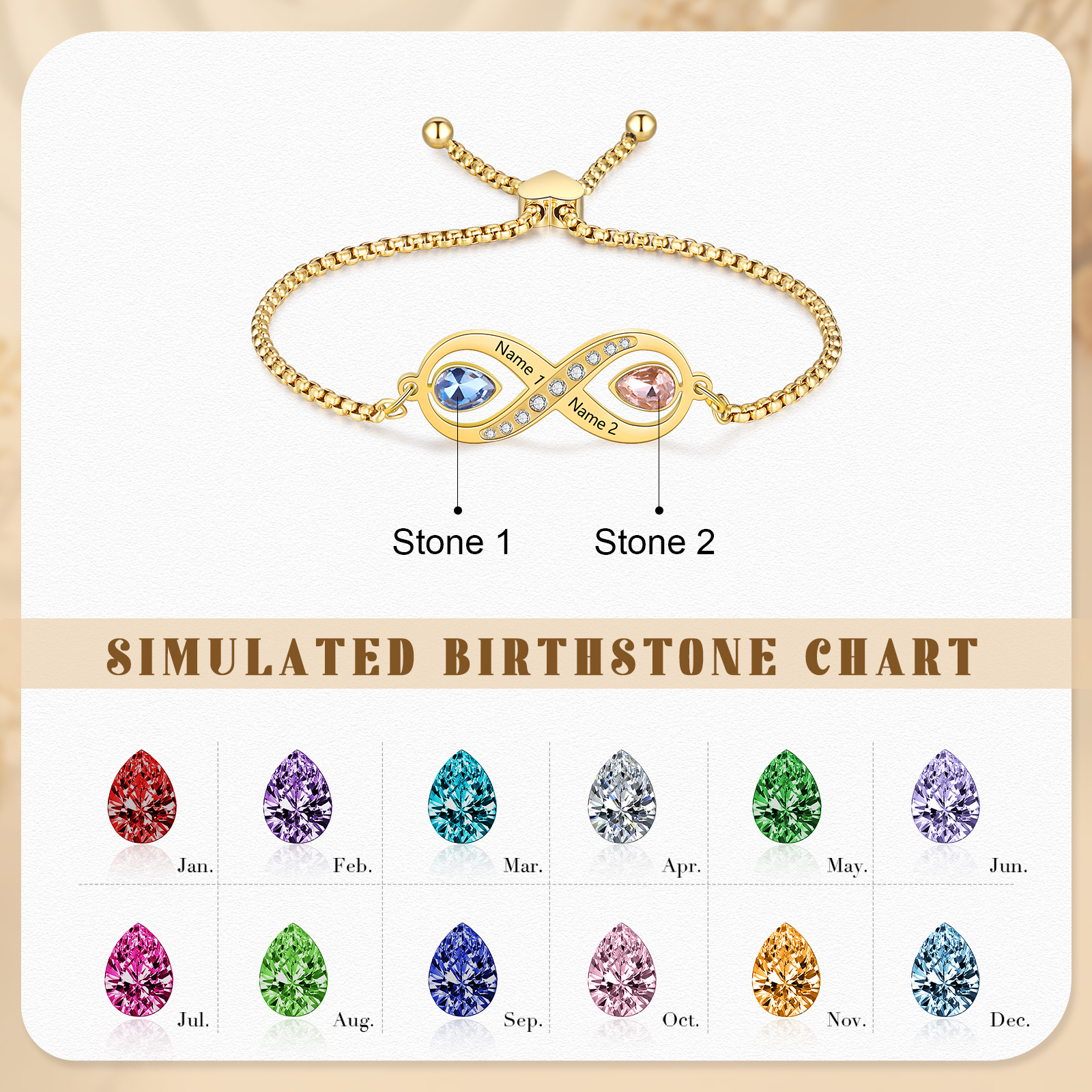 Personalisierte 2 Namen & 2 Geburtssteine Infinity Handseil Armband