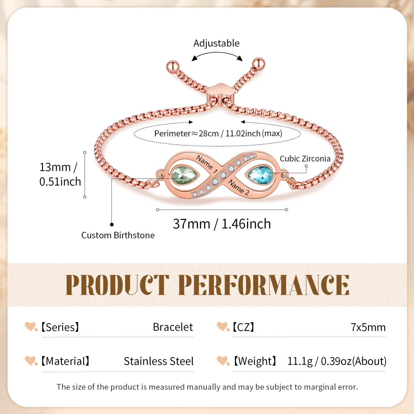 Personalisierte 2 Namen & 2 Geburtssteine Infinity Handseil Armband