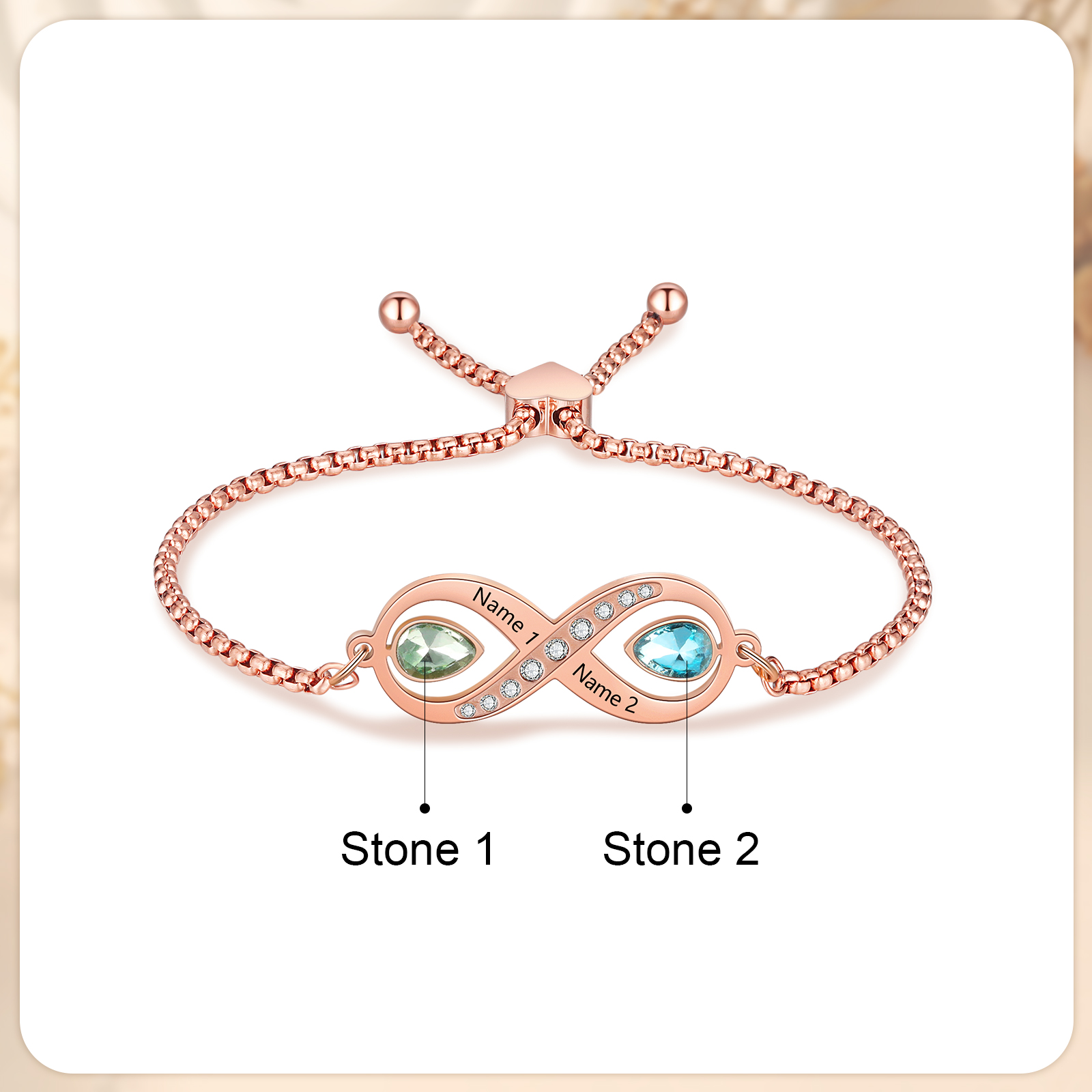 Personalisierte 2 Namen & 2 Geburtssteine Infinity Handseil Armband
