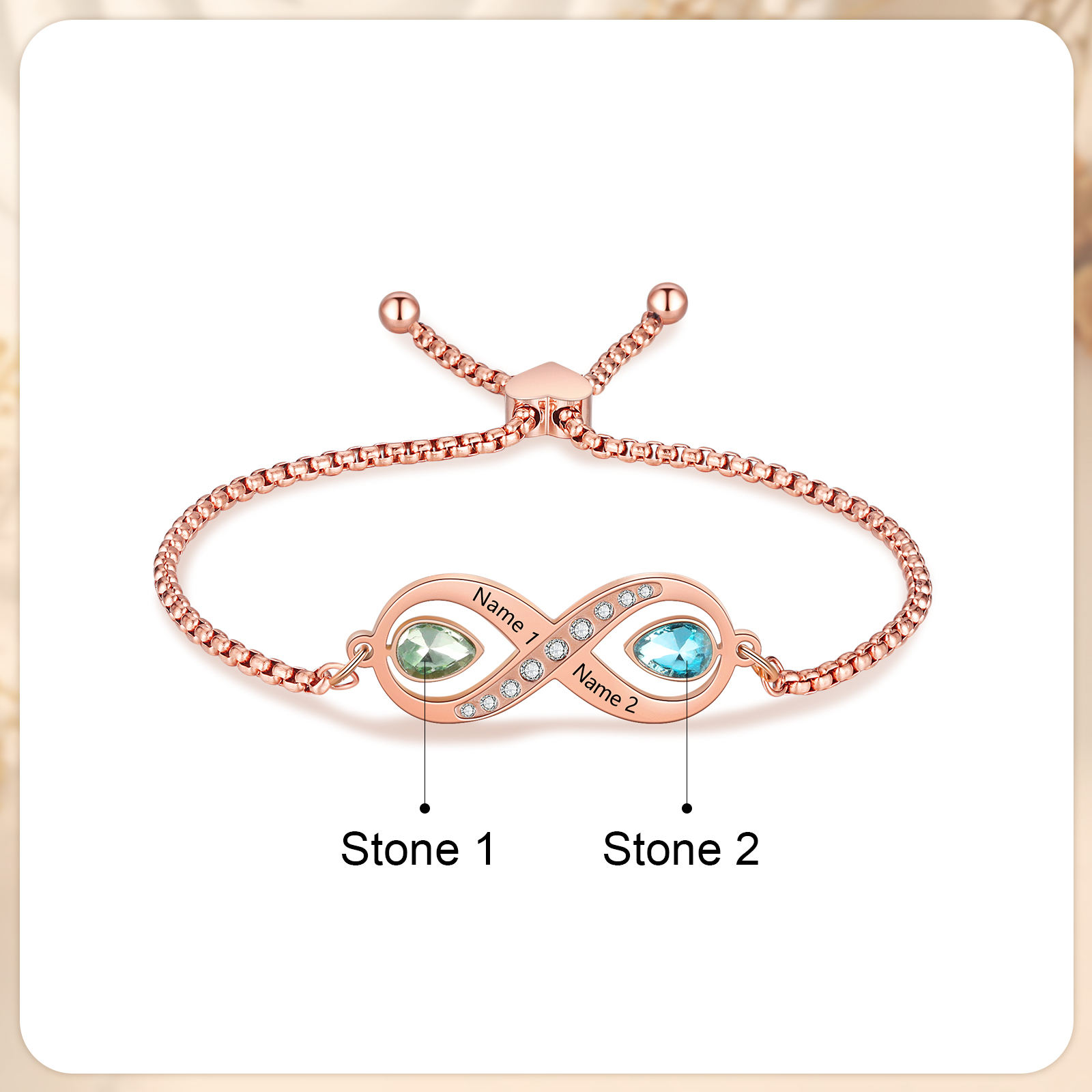 Personalisierte 2 Namen & 2 Geburtssteine Infinity Handseil Armband