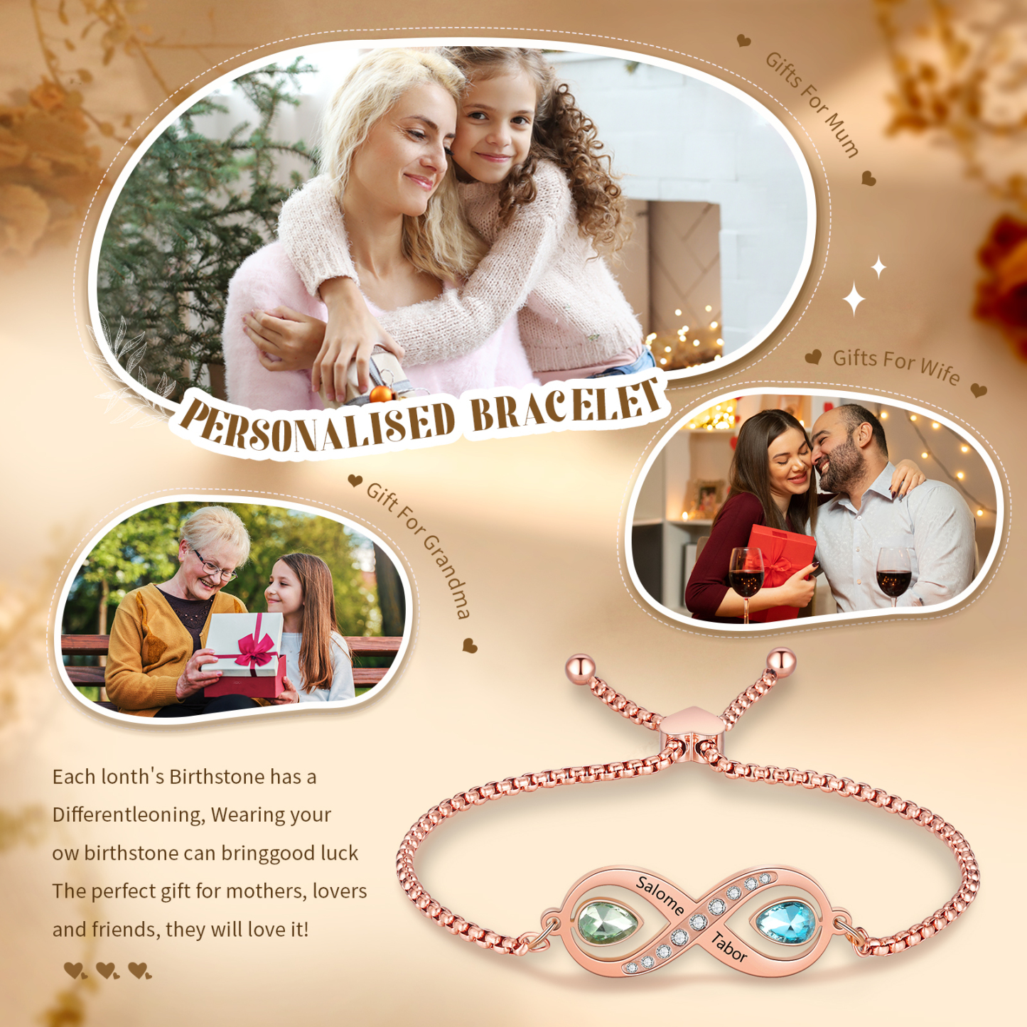 Personalisierte 2 Namen & 2 Geburtssteine Infinity Handseil Armband