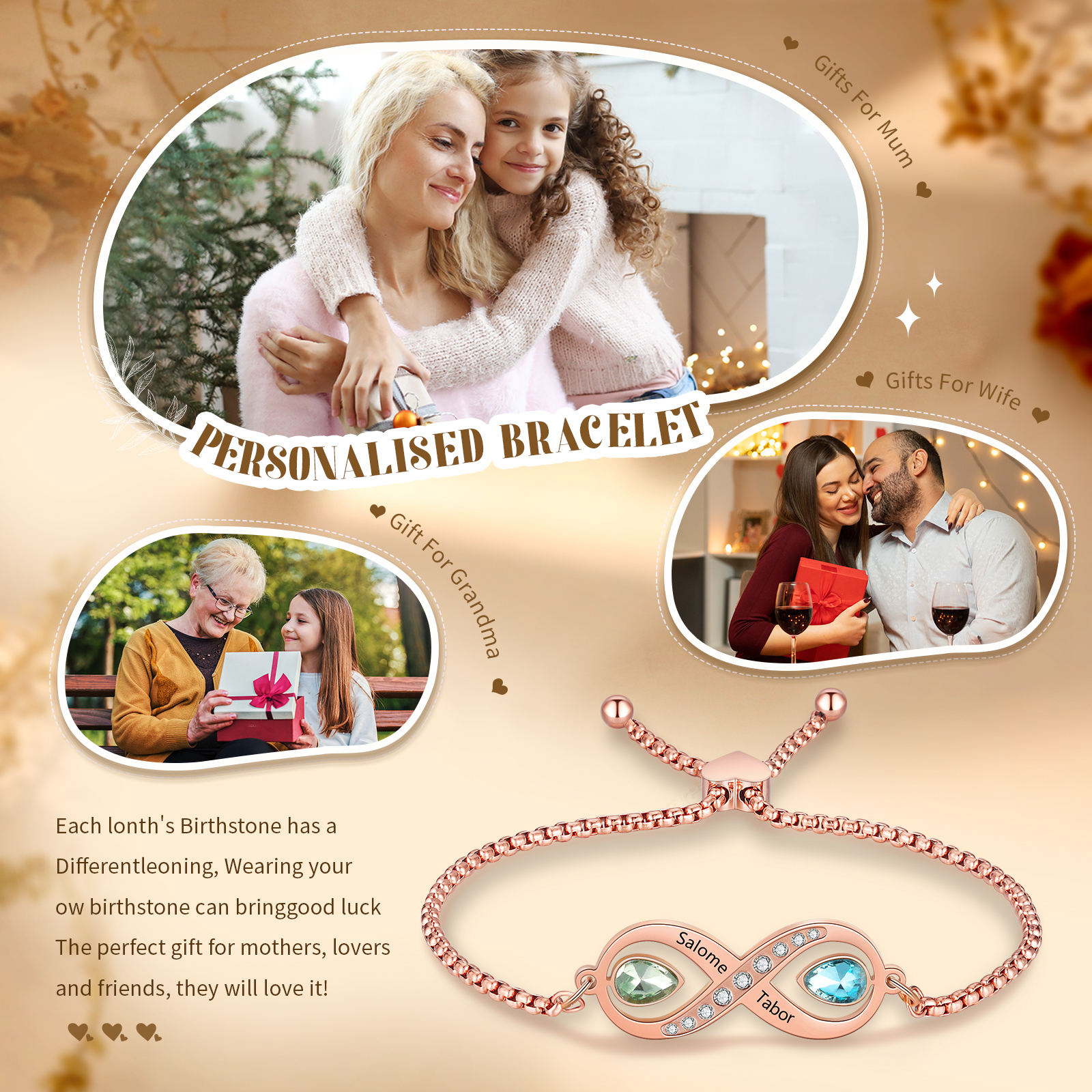 Personalisierte 2 Namen & 2 Geburtssteine Infinity Handseil Armband