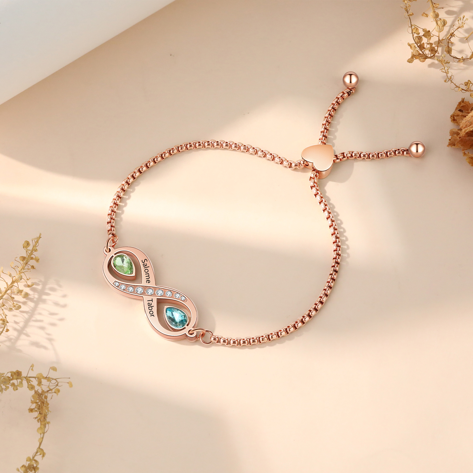 Personalisierte 2 Namen & 2 Geburtssteine Infinity Handseil Armband