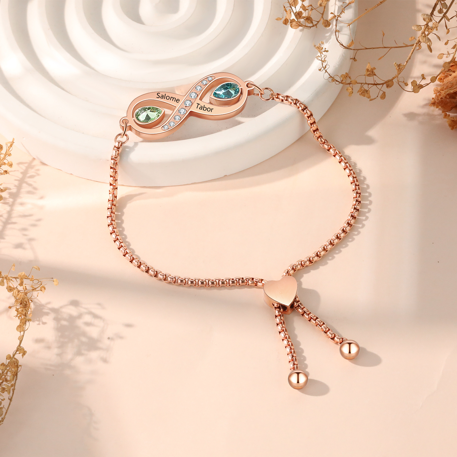 Personalisierte 2 Namen & 2 Geburtssteine Infinity Handseil Armband