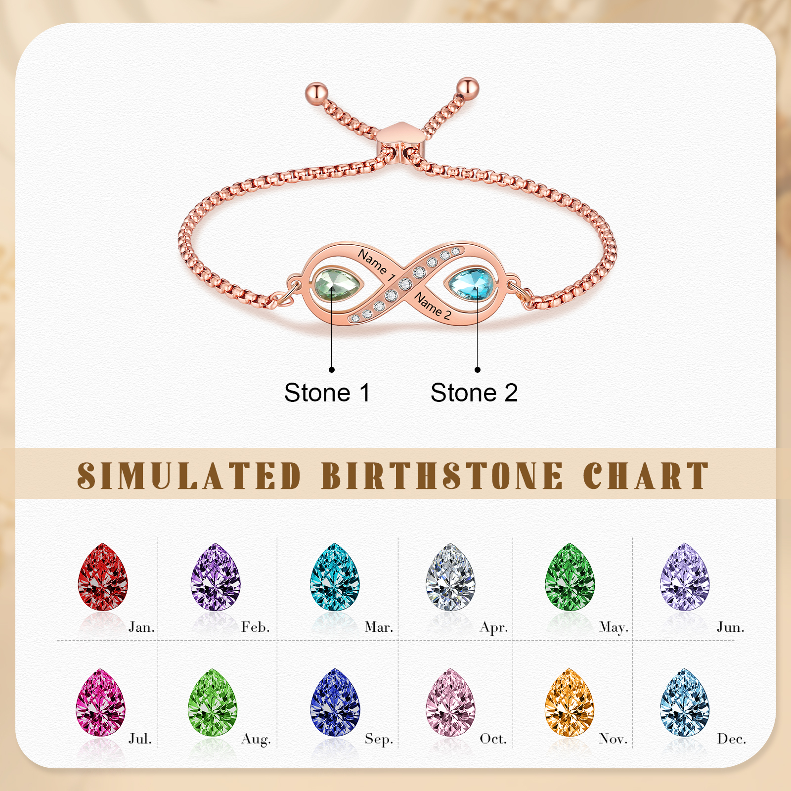 Personalisierte 2 Namen & 2 Geburtssteine Infinity Handseil Armband