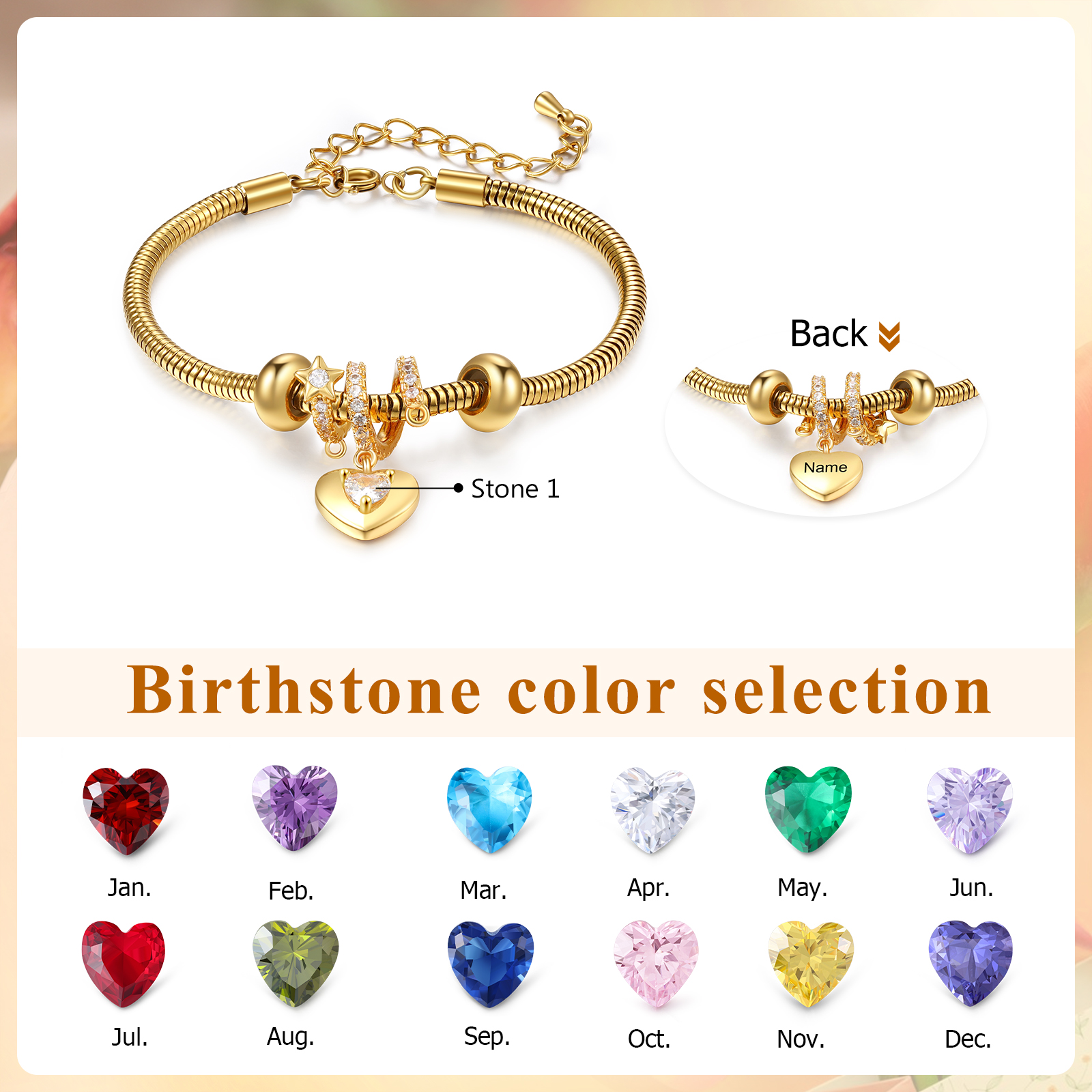 Personalisierte 1 Name & 1 Geburtsstein Goldherz Armband mit Zirkonia