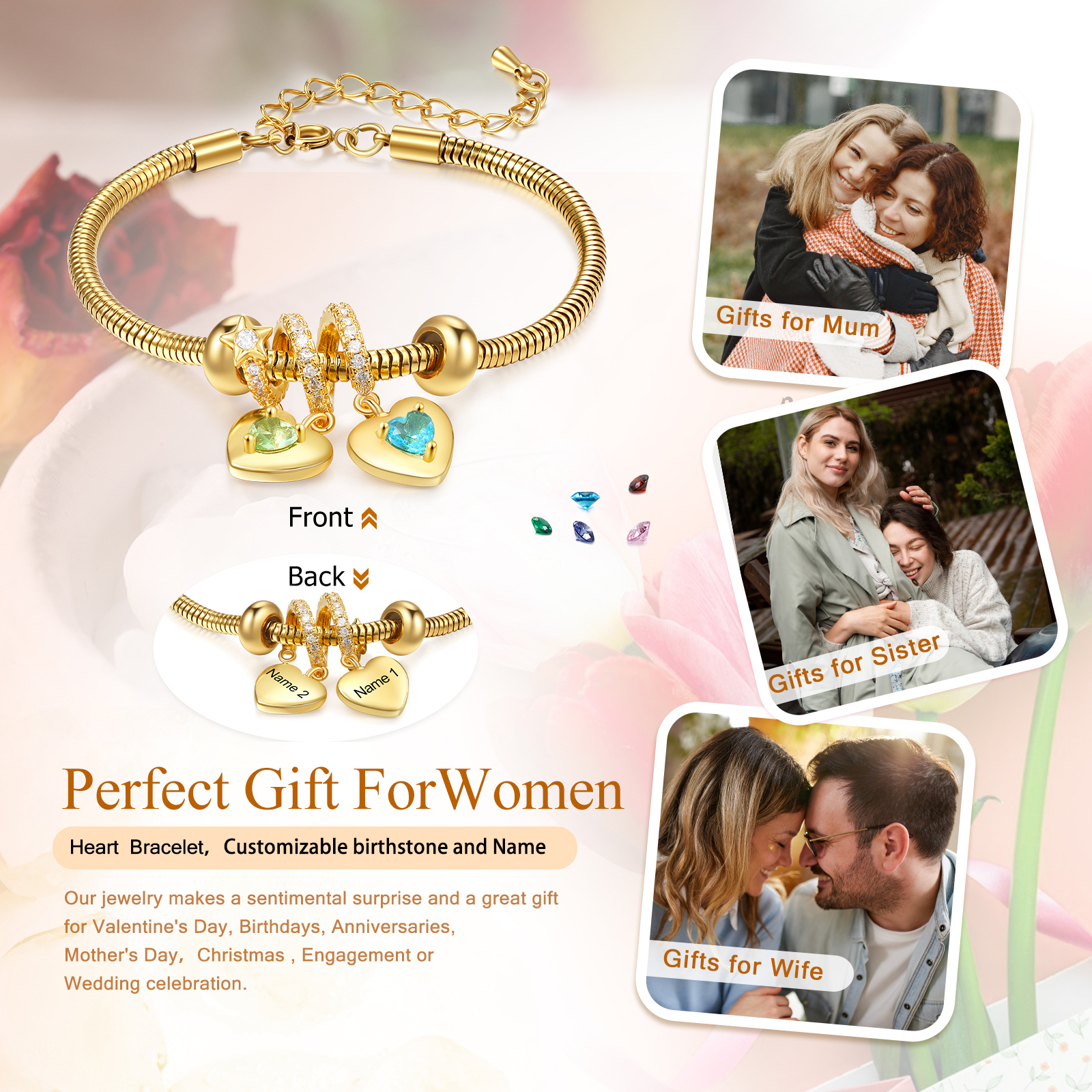 Personalisierte 2 Namen & 2 Geburtssteine Goldherz Armband mit Zirkonia