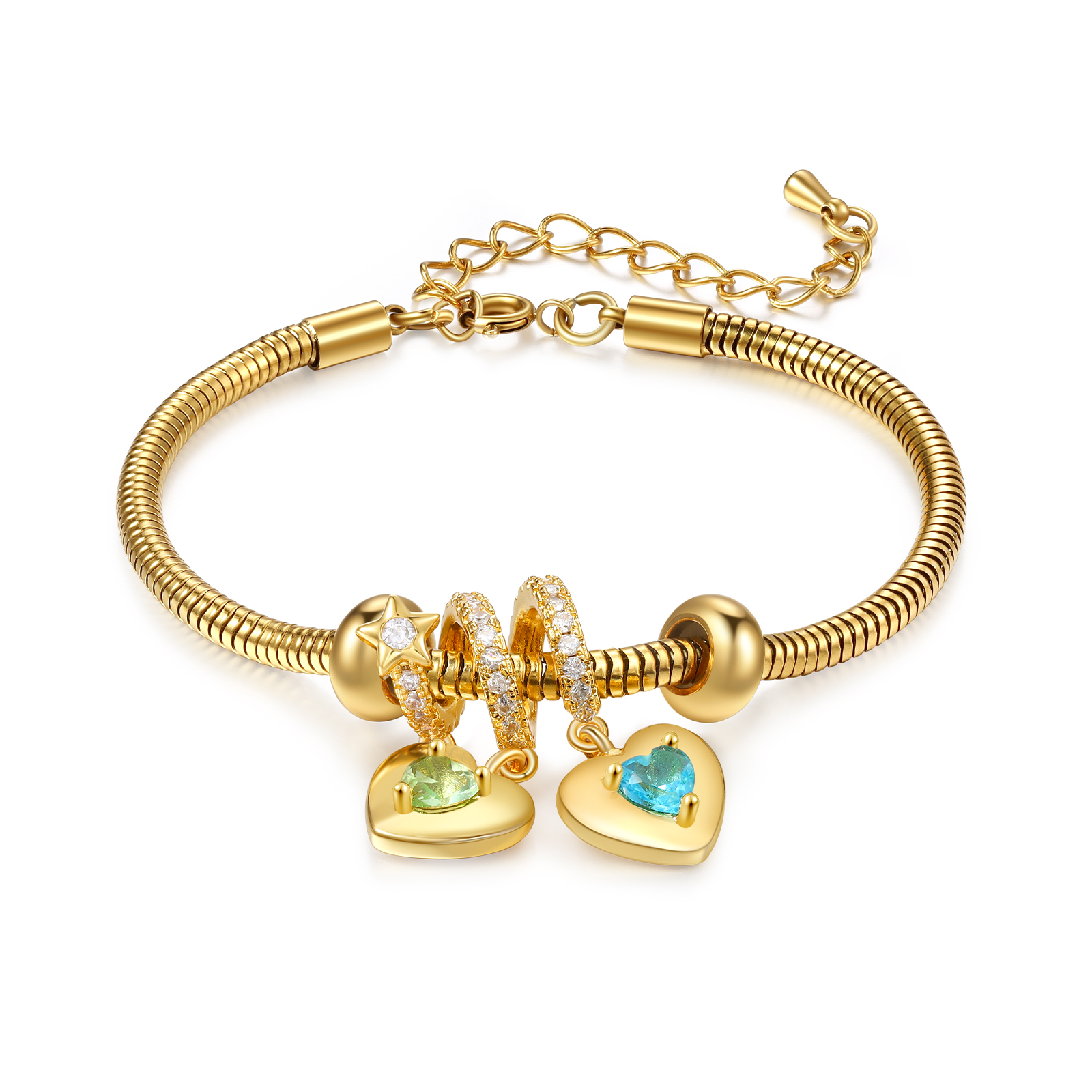 Personalisierte 2 Namen & 2 Geburtssteine Goldherz Armband mit Zirkonia