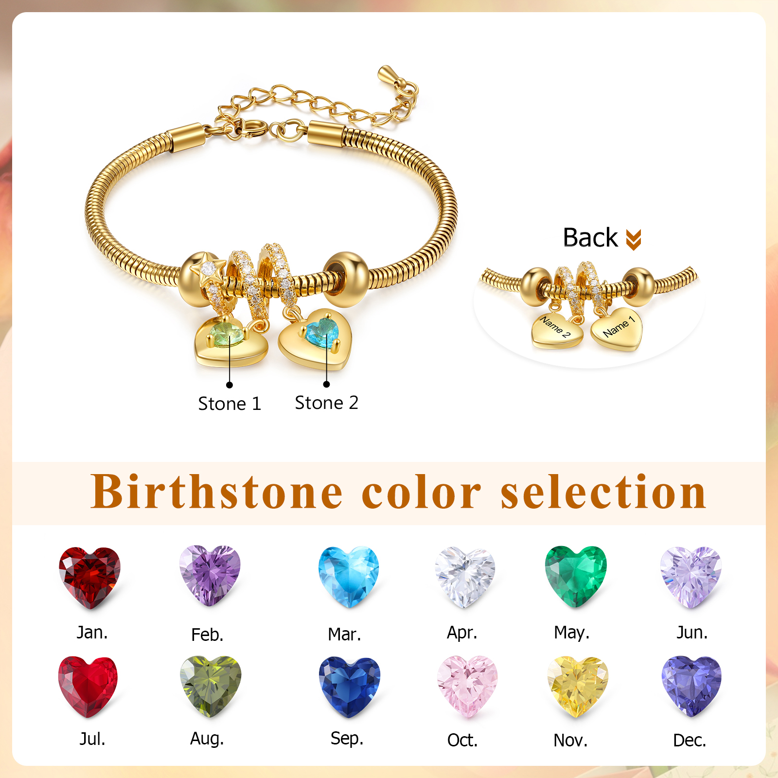 Personalisierte 2 Namen & 2 Geburtssteine Goldherz Armband mit Zirkonia