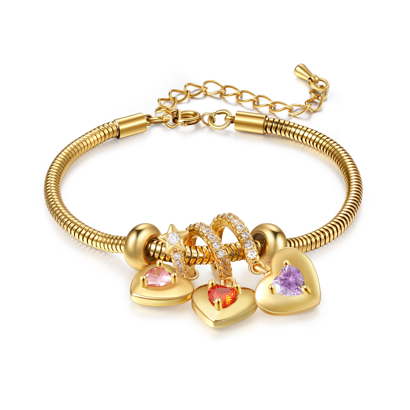Personalisierte 3 Namen & 3 Geburtssteine Goldherz Armband mit Zirkonia