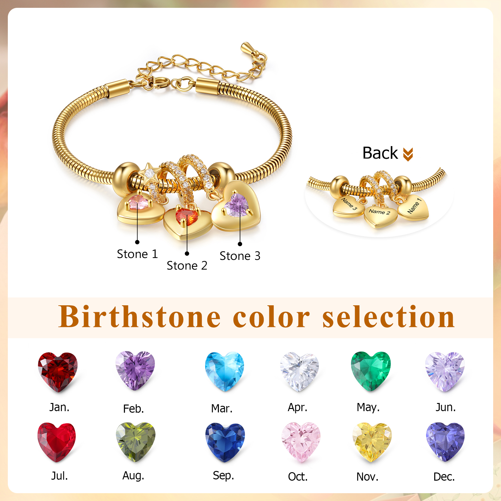 Personalisierte 3 Namen & 3 Geburtssteine Goldherz Armband mit Zirkonia