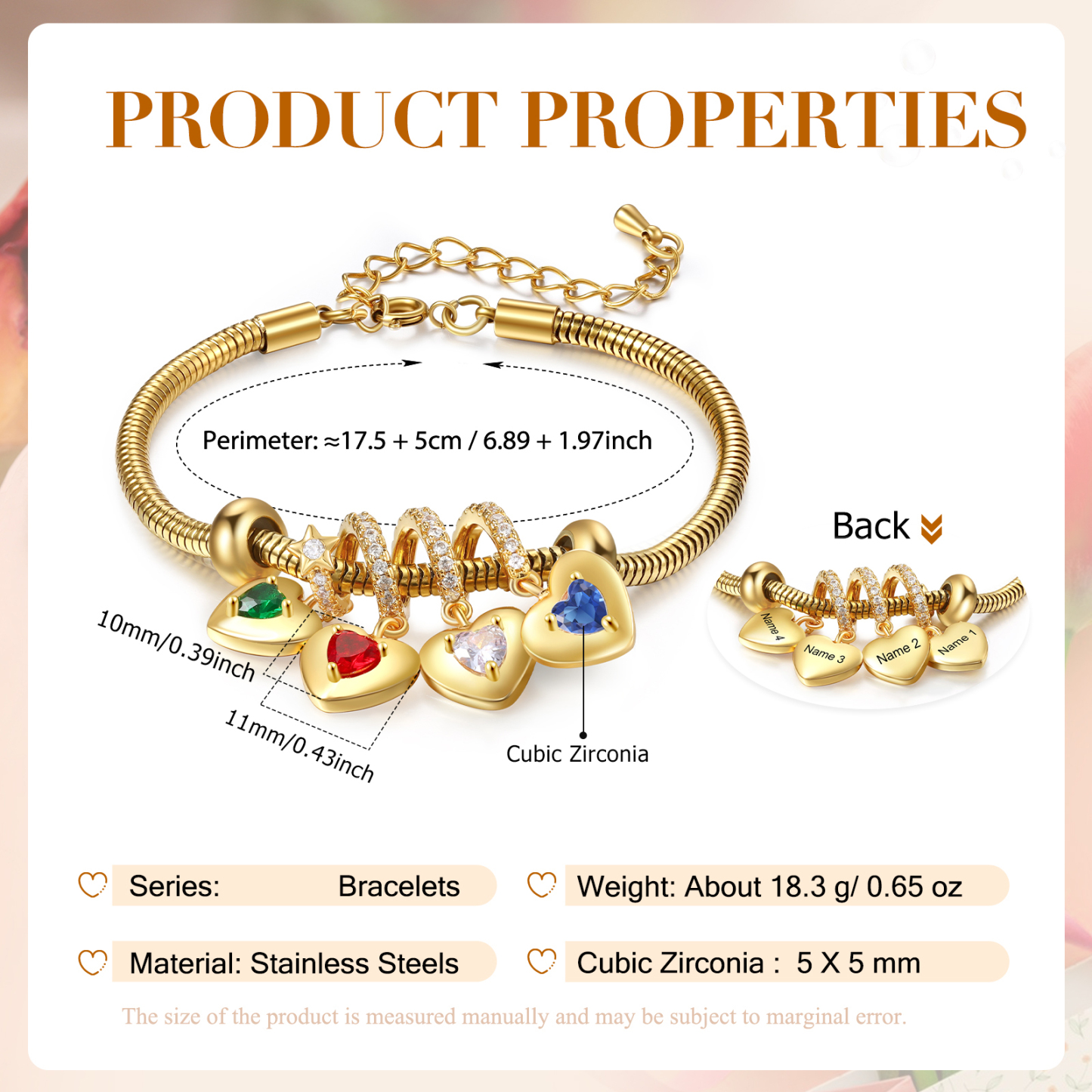 Personalisierte 4 Namen & 4 Geburtssteine Goldherz Armband mit Zirkonia