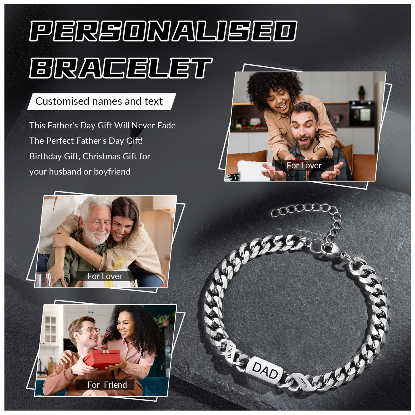 Herren Personalisierte 2 Namen Edelstahl Armband mit Text