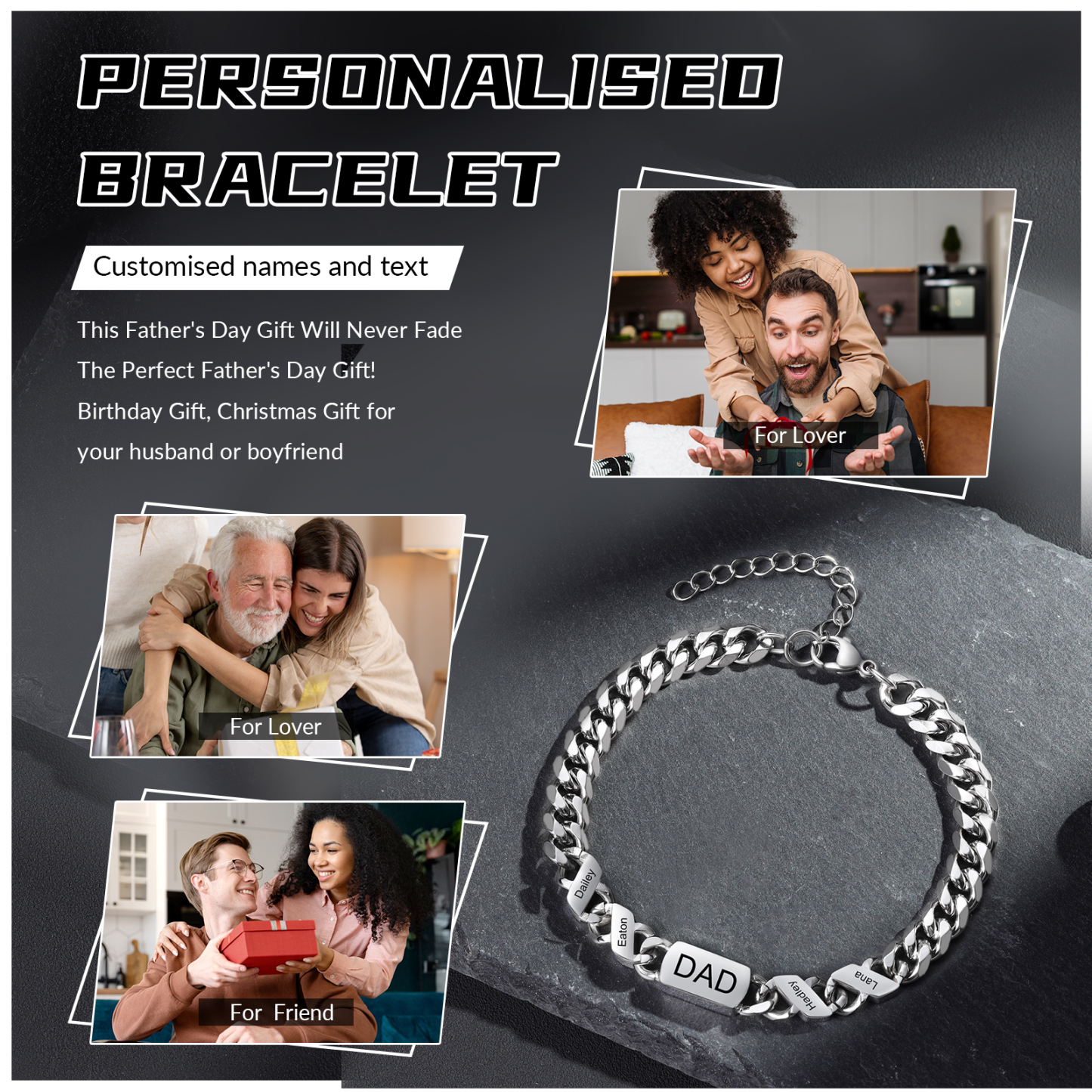 Herren Personalisierte 4 Namen Edelstahl Armband mit Text