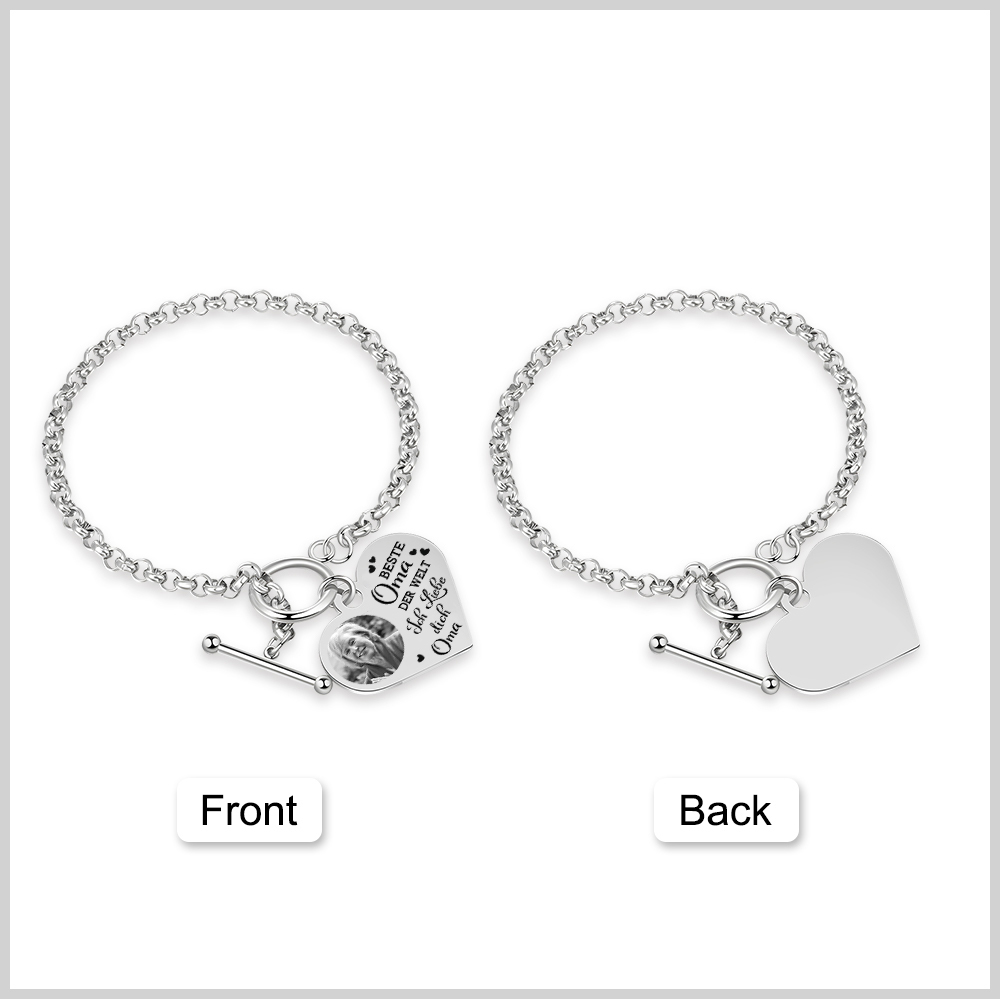 Personalisierte Foto Edelstahl Armband mit Herzanhänger –Best Oma der Welt - Ich liebe dich!