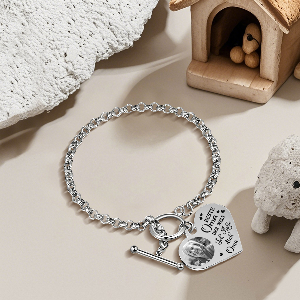 Personalisierte Foto Edelstahl Armband mit Herzanhänger –Best Oma der Welt - Ich liebe dich!