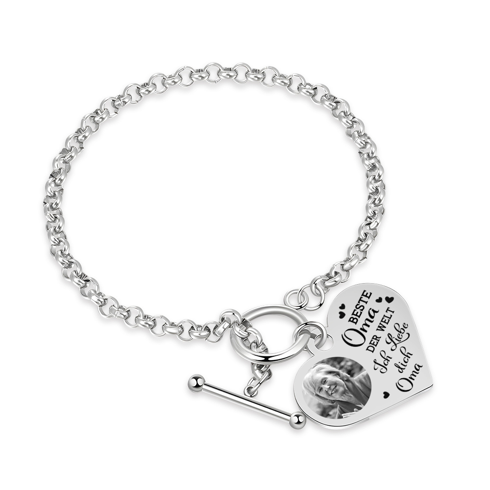 Personalisierte 1 Name & Foto Edelstahl Armband mit Herzanhänger –i –